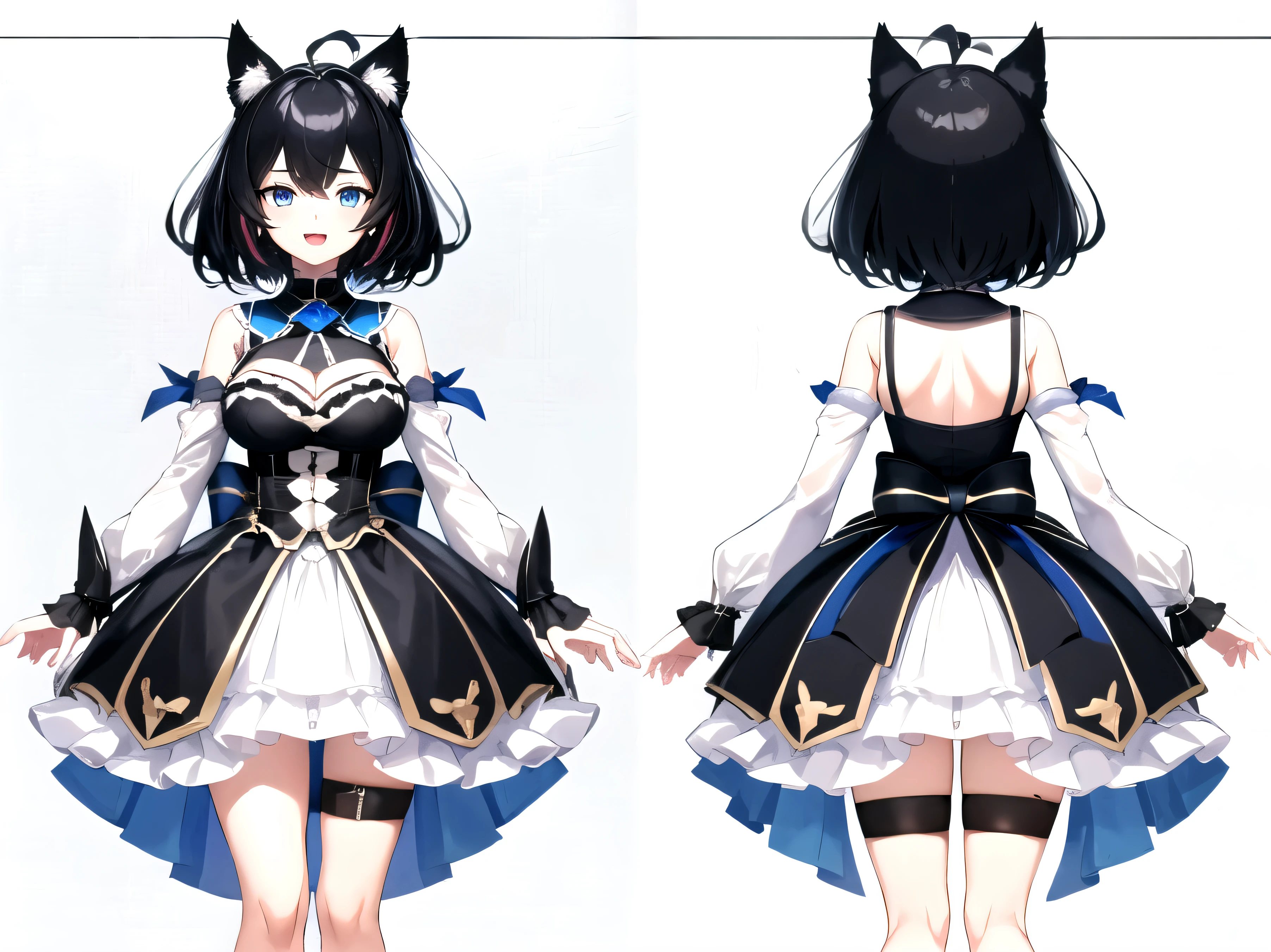 ((upright)), ((arm to the side)), looking at the viewer, simple background、white background, 1 girl, open your mouth, smile, Virtual YouTuber、with a girl、((highest quality, expensive_solve, clear_image)),(black hair), (black cat ears), (Ahoge), (ridiculously short hair), (wavy hair), (blue eyes),、laughter、very big breasts、whole body、I can see the cleavage、Dressed in student uniform、character sheet,character reference sheet, character design sheet, ((View from the front, side view)) symmetrical elements of clothing,