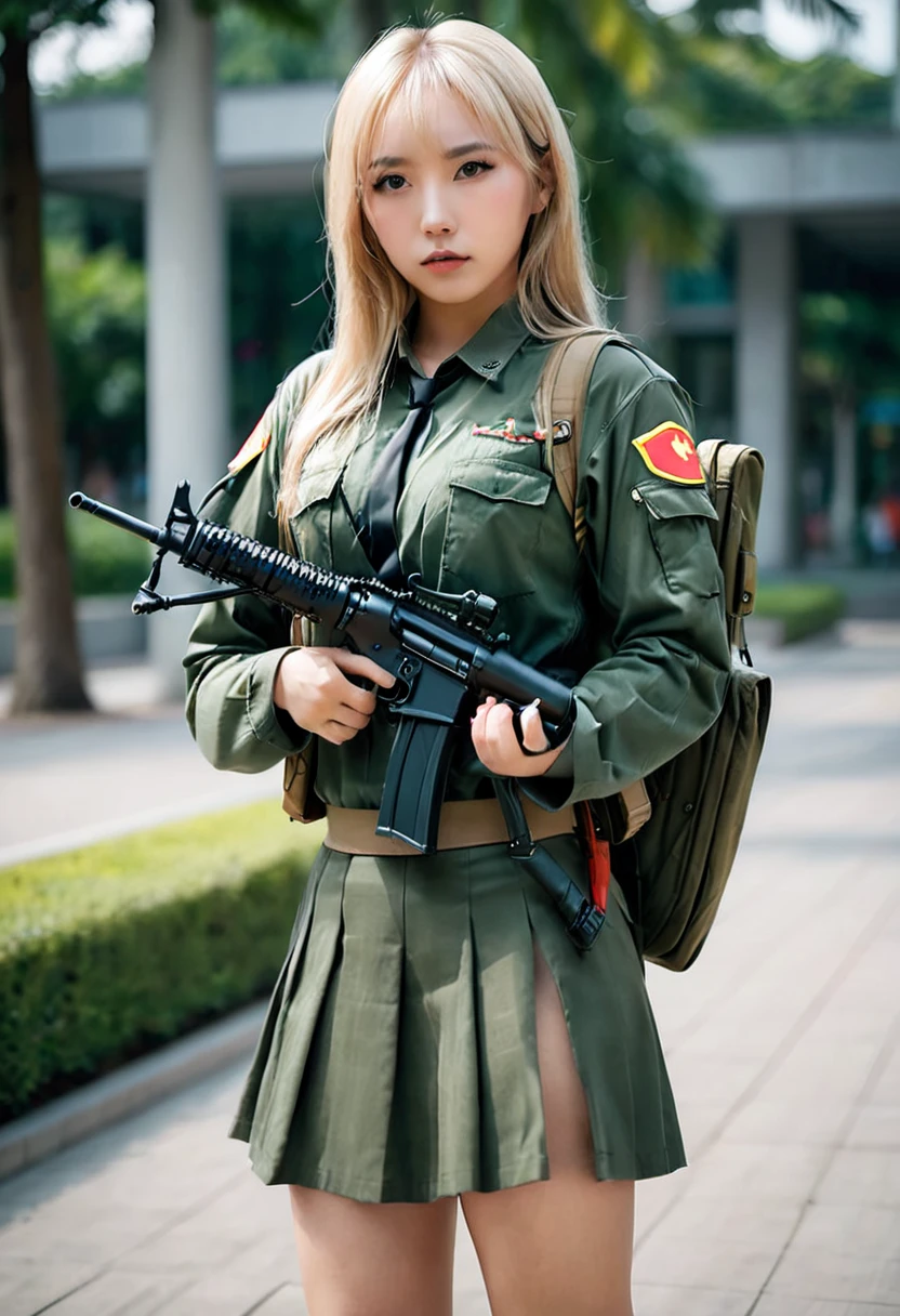 8k, RAW photo, portrait, best quality, very high resolution, photorealistic, asian woman blonde long hair, helmeted holding firearm detail, rifle and wearing helmet, asian girl mechanical soldier, warrior girl, beautiful female soldier, infantry girl, m4 sopmod ii frontline girls, professional cosplay , military girl, inspired by Sora Aoi, with rifle, kanliu666, soldier, realistic cosplay.HD quality, cinematic