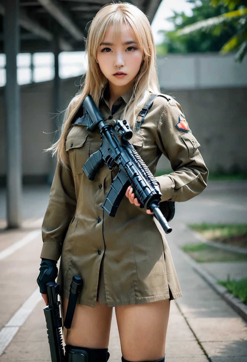 8k, RAW photo, portrait, best quality, very high resolution, photorealistic, asian woman blonde long hair, helmeted holding firearm detail, rifle and wearing helmet, asian girl mechanical soldier, warrior girl, beautiful female soldier, infantry girl, m4 sopmod ii frontline girls, professional cosplay , military girl, inspired by Sora Aoi, with rifle, kanliu666, soldier, realistic cosplay.HD quality, cinematic