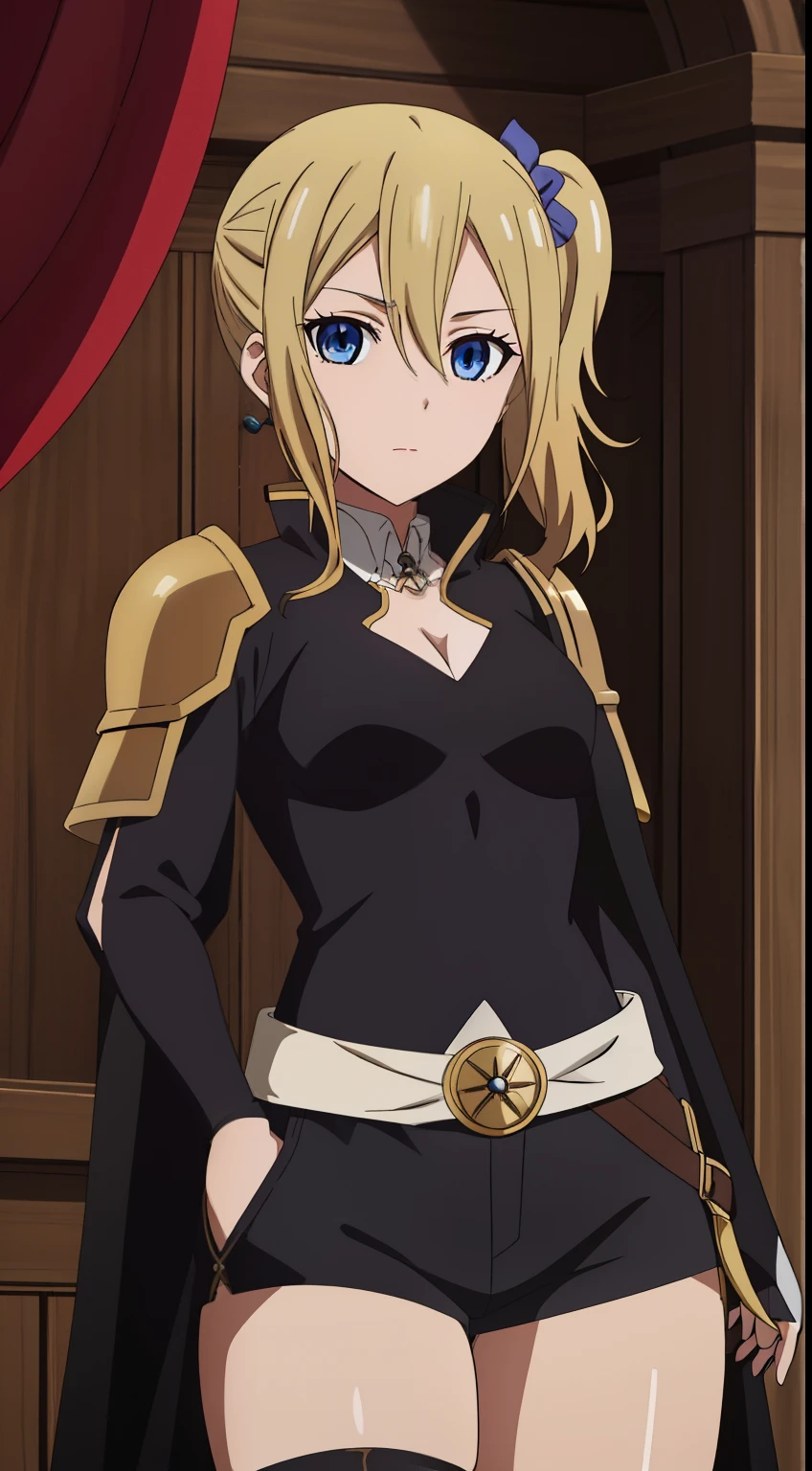 hayasaka,blonde hair, blue eyes, girl,alone, hair between eyes,masterpiece,highest quality,anime,2D,girl1 name, alone,fantasy clothes, fantasy adventurer outfit, Red attracts, Thief profession, low length, black cloak, black jacket, Black short-sleeved shirt, Long sleeve gauntlets, black shorts, Silver trim, fantasy armor, shoulder pad, leather armor,stylish pose,stylish angle,looking at the viewer,in the center of the image,(beautiful_medium breasts:1.2), (beautiful_face:1.4),(beautiful_thighs:1.1),