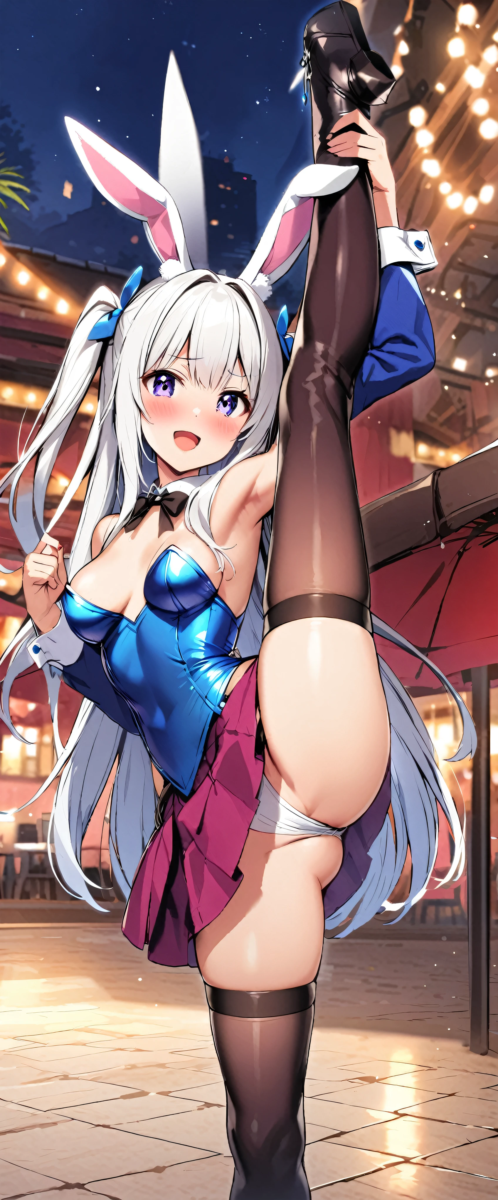 woman,20-year-old,,party venue,night,(((white bunny girl))),open mouth smile((leather thigh high boots))(),,blush、,((raise one leg))()