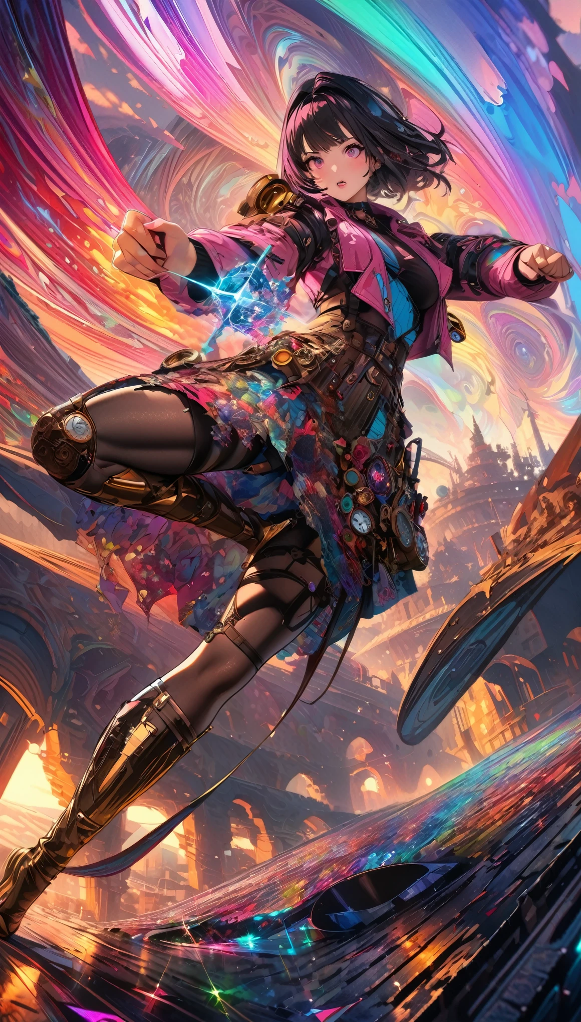 best quality, super fine, 16k, incredibly absurdres, extremely detailed, beautiful warrior girl fighting the enemy, kicking pose, kaleidoscope of (Cyberpunk:0.7), steampunk, dieselpunk, and clockpunk, kaleidoscope made of hot pink and sparkling gold plated and sparkling silver plated and finely crushed colorful gemstones, blend art, mixture art, fractal art, zentangle art, design art, fantasy world image, fantastic and mysterious