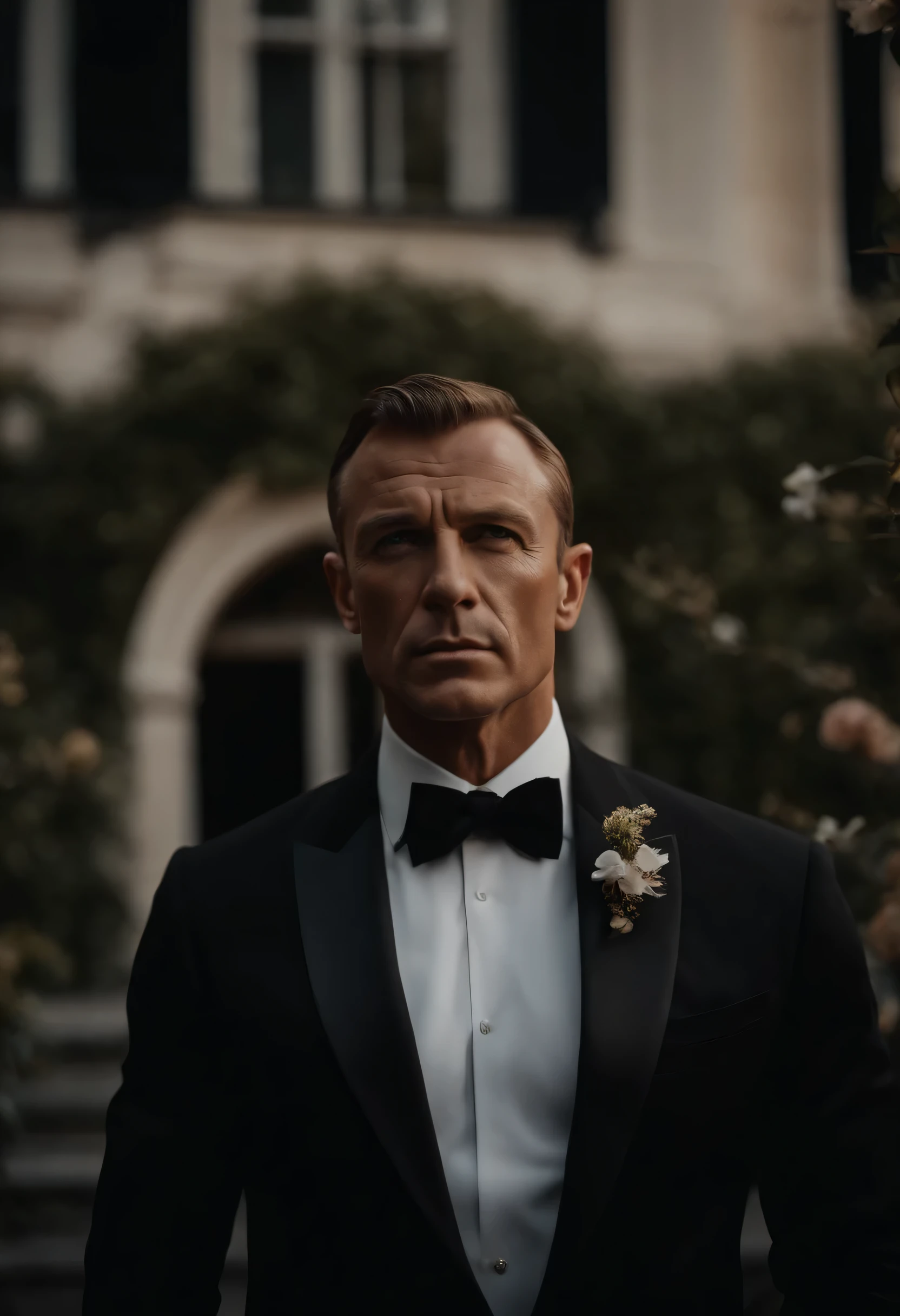 corps entier, Wide-angle close-up portrait of james bond , Grand et en forme, (40 ans:1.1), (shaven:1.2) , (cheveux bruns courts:1.2),(Cheveux courts:1.3). Dark brown tight velvet suit, (La veste a des motifs de fleurs noires:1.2). (posing outside the mansion with a luxury car:1.1), crowded street with cafes in the distance, Cold and dark sunset at dusk, (Edge Light:1.1),(Concentrez-vous sur les yeux), (angry look), (hard light on the skin:1.2), (ombres dures, dark themed, Contraste profond:1.1), (photographie de portrait par Annie Liebovitz), Dark mint theme and choral aesthetics, (skin imperfections)