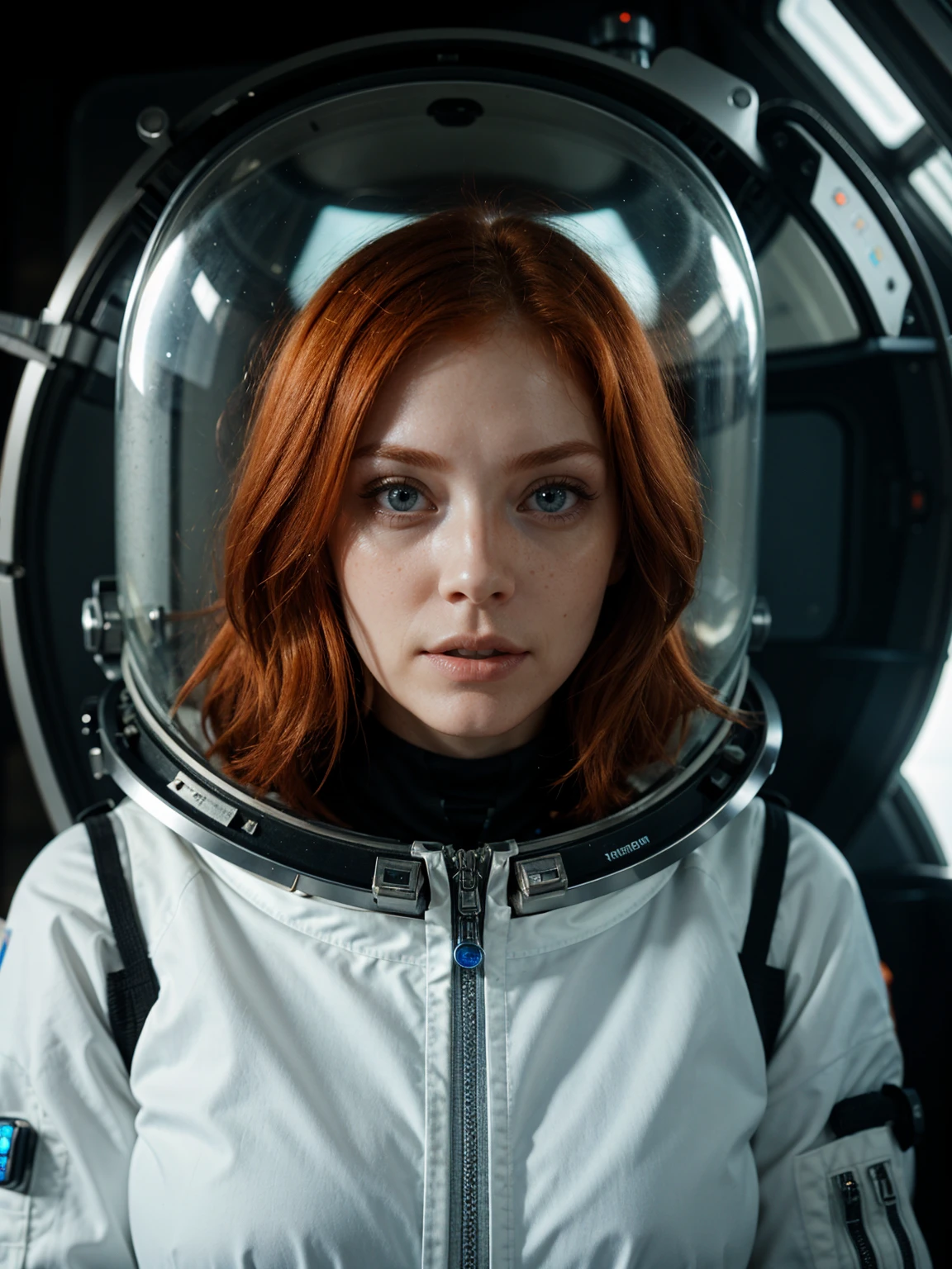 photo of a ginger woman, in space, futuristic space suit, (freckles:0.8) cute face, sci-fi, dystopian, detailed eyes, blue eyes