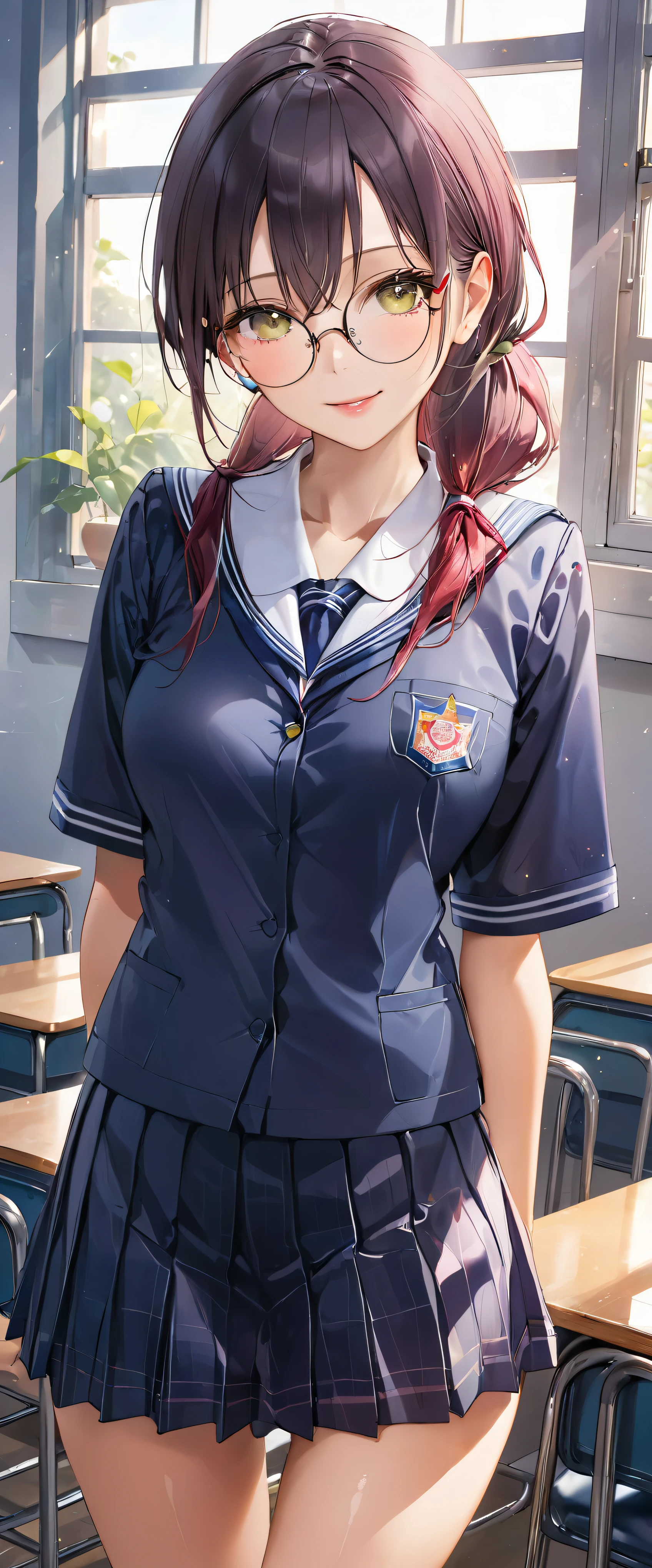(masterpiece,highest quality,超A high resolution),japanese woman, (((Very beautiful 25 year old girl))), pretty girl、look at the photographer、 ((beautiful low ponytail)), super cute face, glossy lips, double eyelids in both eyes,natural smile、 natural makeup, long eyelashes, Shiny and smooth hair、center image, perfect limbs, perfect anatomy,(((school uniform))、School,glasses