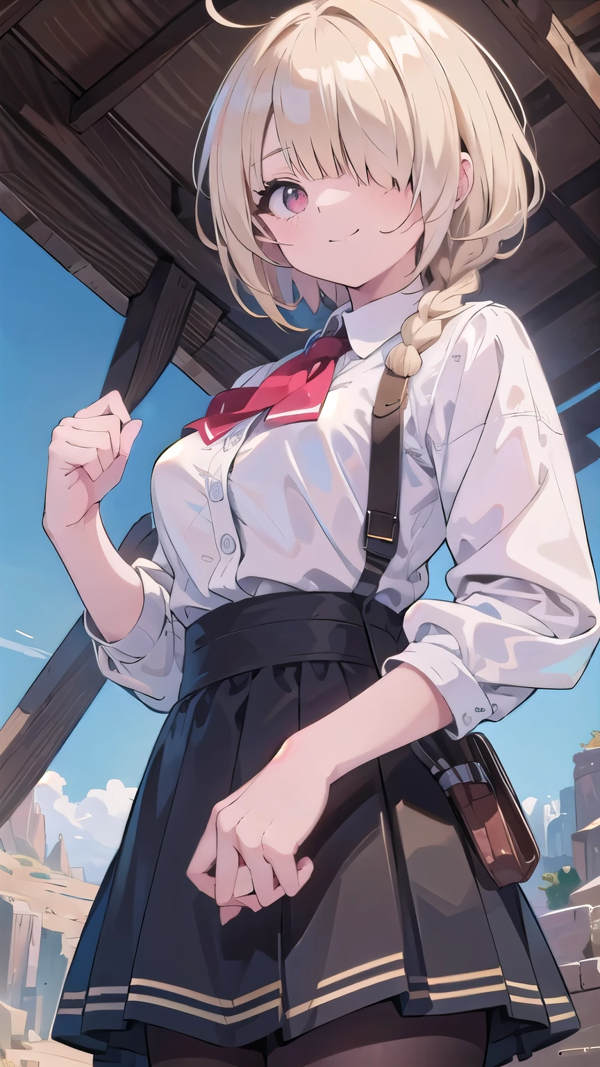 (masterpiece:1.2), (highest quality:1.2), perfect eyes, perfect face, perfect lighting, sunlight, outdoor, desert, 1 boy,blonde red eye, ((((((hair over one eye)))))), Braid Styles, spiked hair, blunt bangs, bob hair, single braid, a braid, Ahoge, cute eyes,, (adventurer), cute eyes, closed mouth, ((from below)), From the side, ((smile)), spoken heart, big breasts, wariza