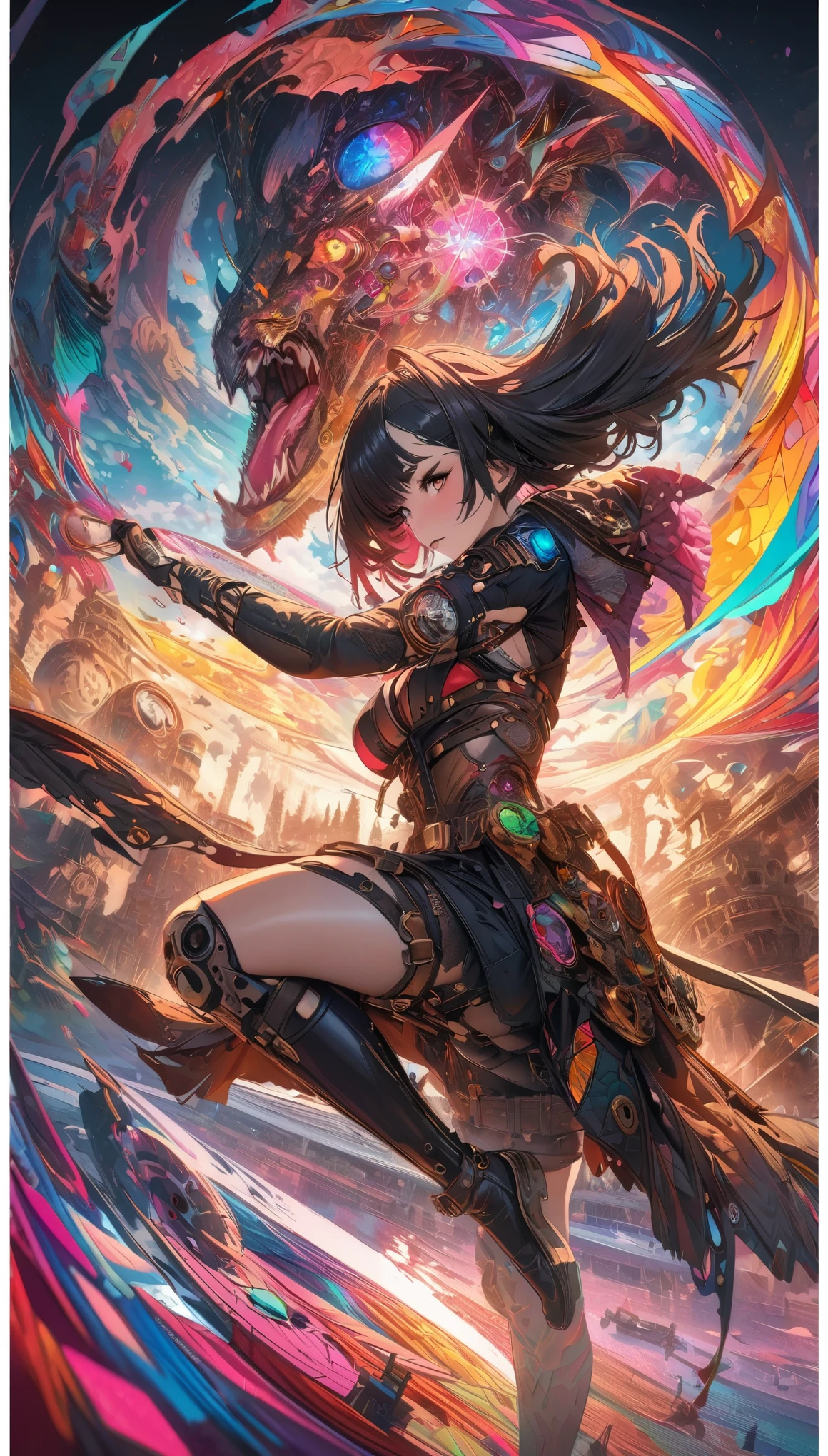 best quality, super fine, 16k, incredibly absurdres, extremely detailed, beautiful warrior girl fighting the enemy, kicking pose, kaleidoscope of (Cyberpunk:0.7), steampunk, dieselpunk, and clockpunk, kaleidoscope made of hot pink and sparkling gold plated and sparkling silver plated and finely crushed colorful gemstones, blend art, mixture art, fractal art, zentangle art, design art, fantasy world image, fantastic and mysterious