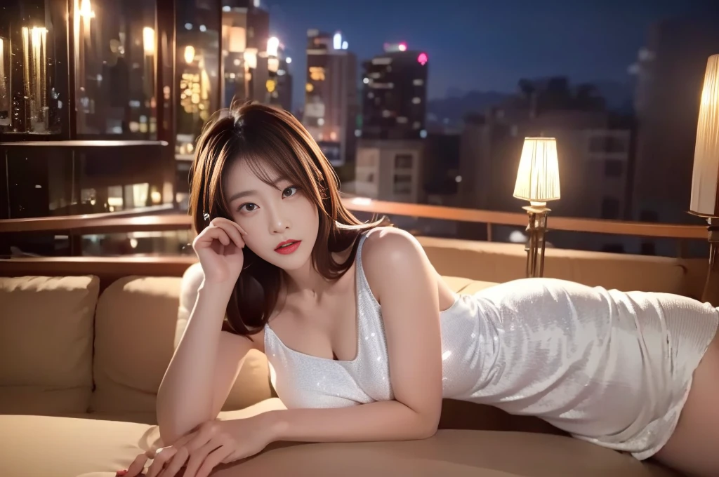 ((realistic lighting, highest quality, 8k, masterpiece: 1.3)), concentrated: 1.2, 1 girl, perfect figure: 1.4, slim abs: 1.1, ((dark brown hair)), (white dress: 1.4), (outdoors, night: 1.1), cityscape, super detailed face, fine eyes, double eyelid,