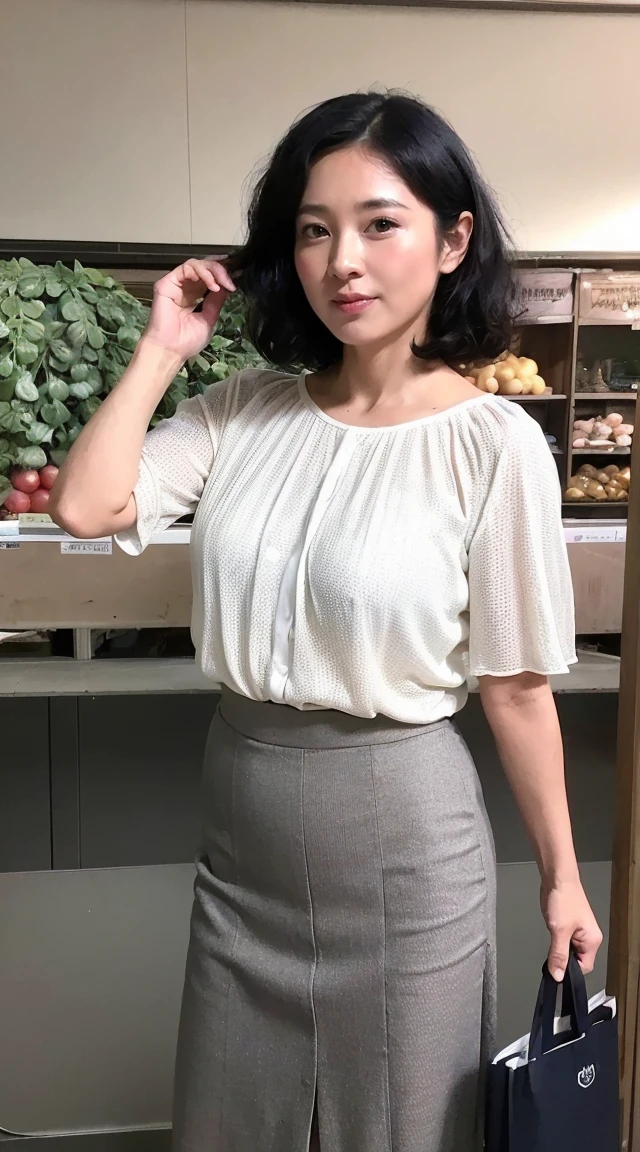Mature Woman、Large saggy breasts、Her breasts are visible even through her clothes.、See-through floral T-shirt、Slender、45-year-old woman、A very tall woman with a big nose、front、whole body、Facial wrinkles are more noticeable、Japanese、2 shots、Short skirt