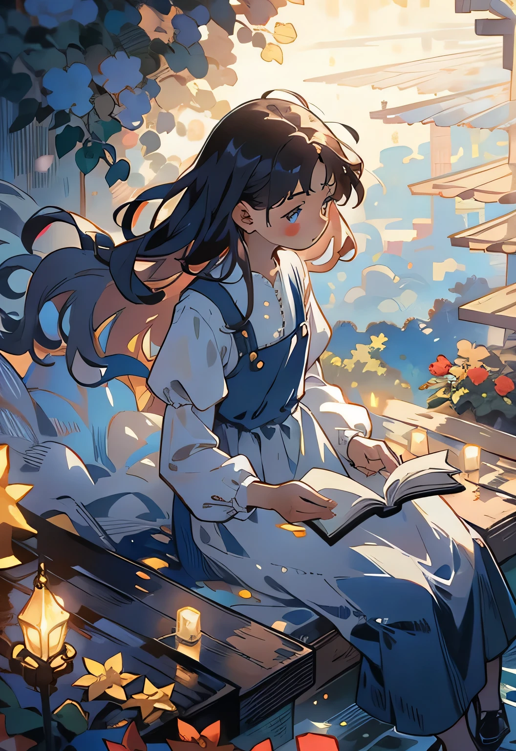 Maroon bookish time：Beautiful maiden sitting on the roof，She wore a dress，Read books with enthusiasm，Surrounded by the scent of books and warm lighting。Princess Alice's Wonderland slowly clears the fog，Enchanting scenery。Dressed in a gorgeous dress。Her long, Silky hair fluttering in the breeze。Surrounding by plants, flowers with colorful petals blooming profusely under her arrival，It adds a mystical charm to her arrival