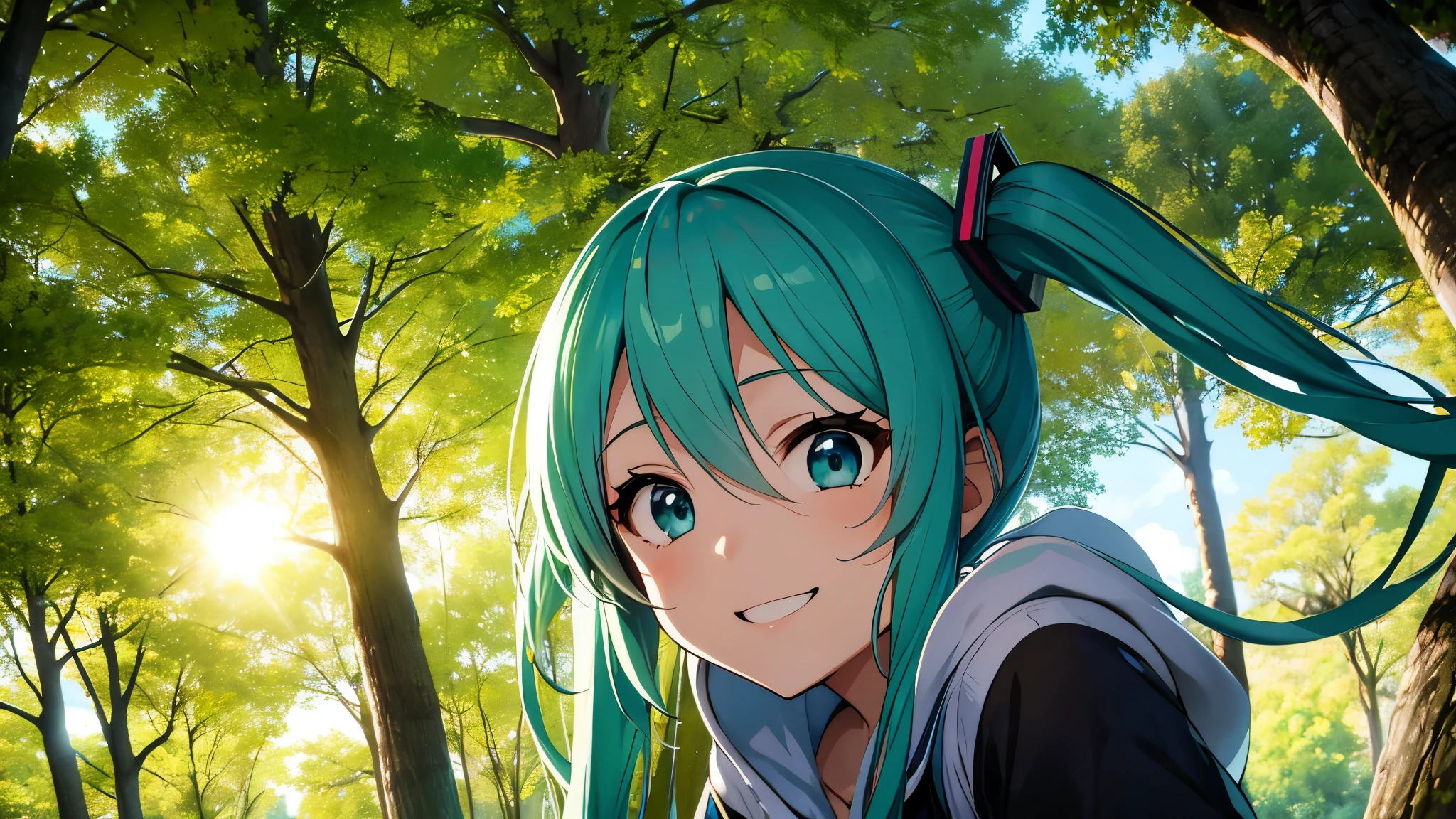 anime characters、Hatsune Miku、looking at you with a smile、Background of sunlight through trees