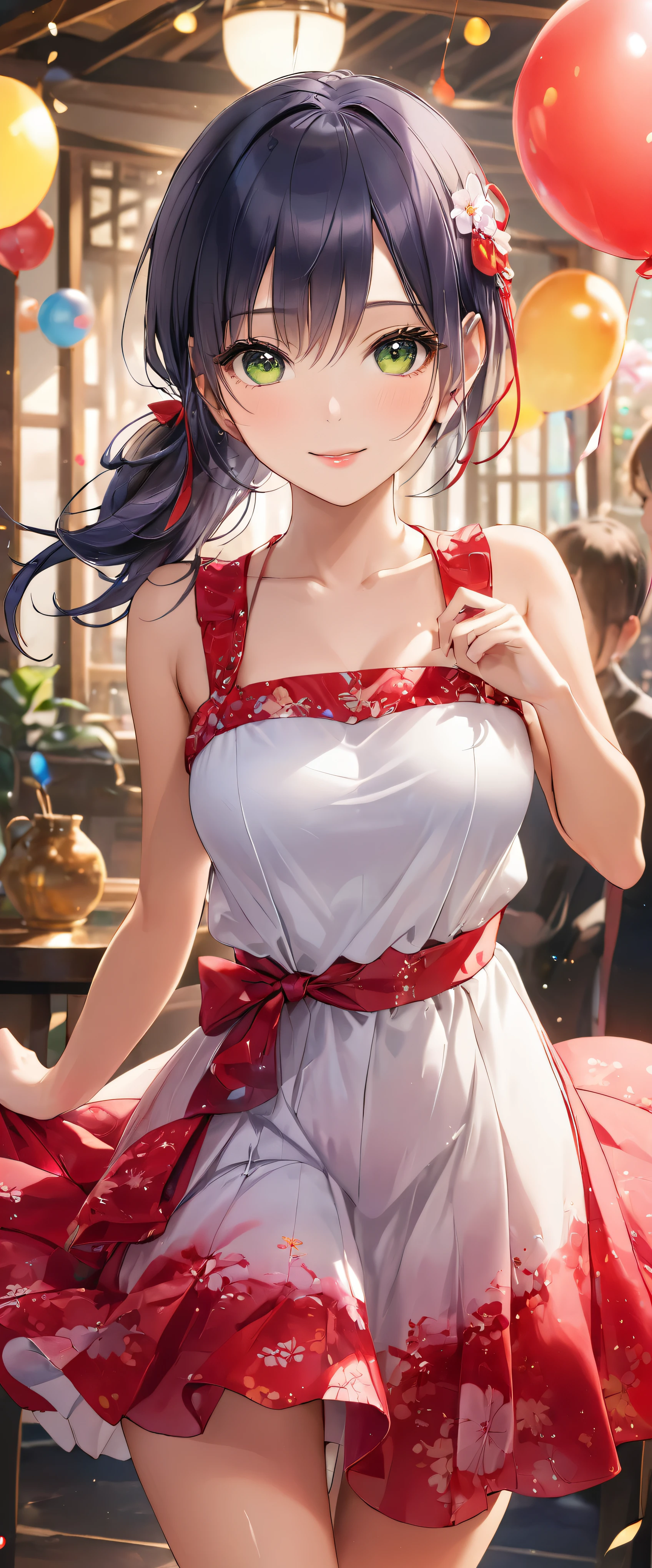 (masterpiece,highest quality,超A high resolution),japanese woman, (((Very beautiful 25 year old girl))), pretty girl、look at the photographer、 ((beautiful low ponytail)), super cute face, glossy lips, double eyelids in both eyes,natural smile、 natural makeup, long eyelashes, Shiny and smooth hair、center image, perfect limbs, perfect anatomy,(((dress))、party venue,Pose with movement
