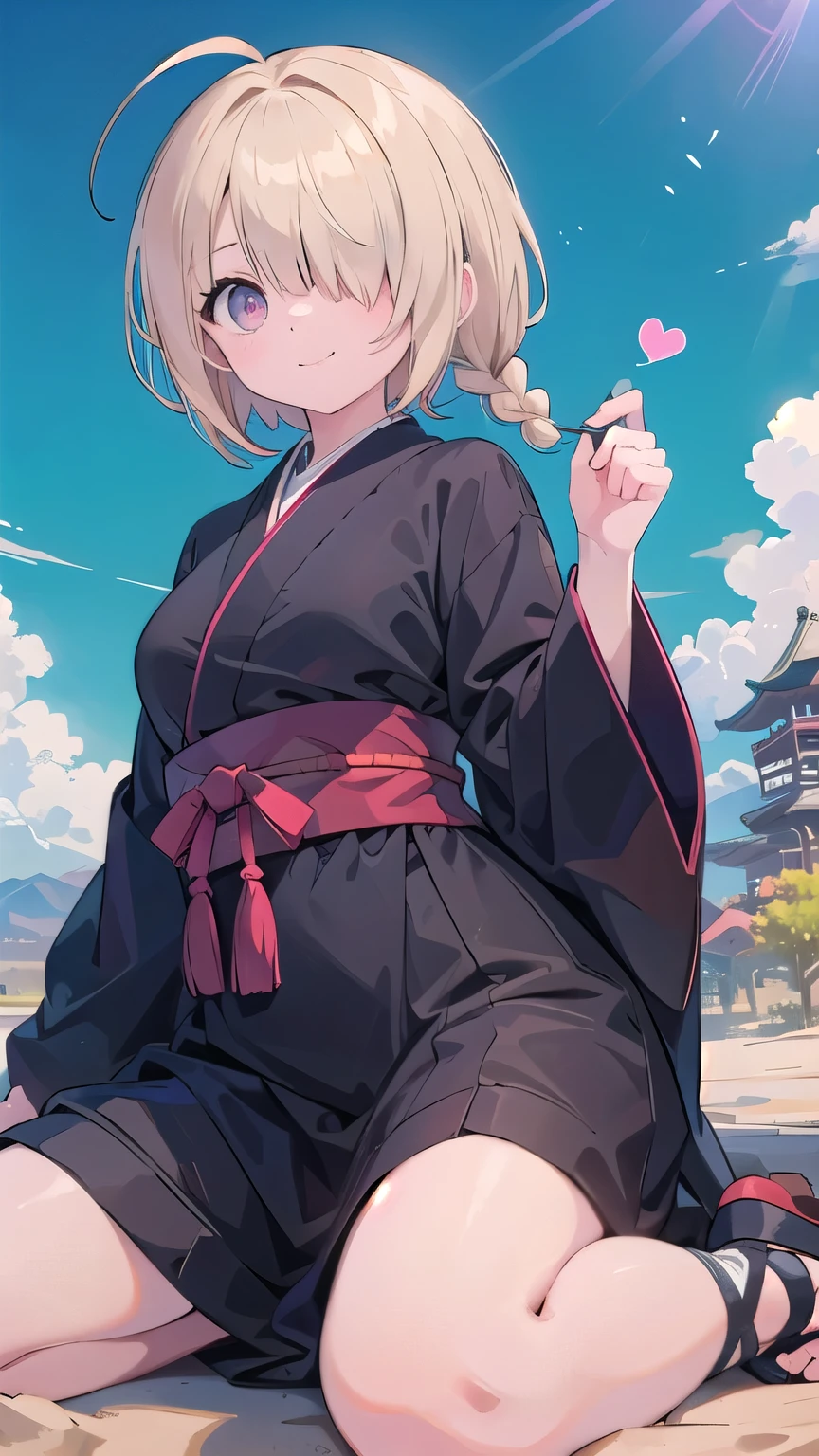 (masterpiece:1.2), (highest quality:1.2), perfect eyes, perfect face, perfect lighting, sunlight, outdoor, desert, 1 boy,blonde red eye, ((((((hair over one eye)))))), Braid Styles, spiked hair, blunt bangs, bob hair, single braid, a braid, Ahoge, cute eyes, Japanese clothing, black robe, cute eyes, closed mouth, ((from below)), From the side, ((smile)), spoken heart, big breasts, wariza