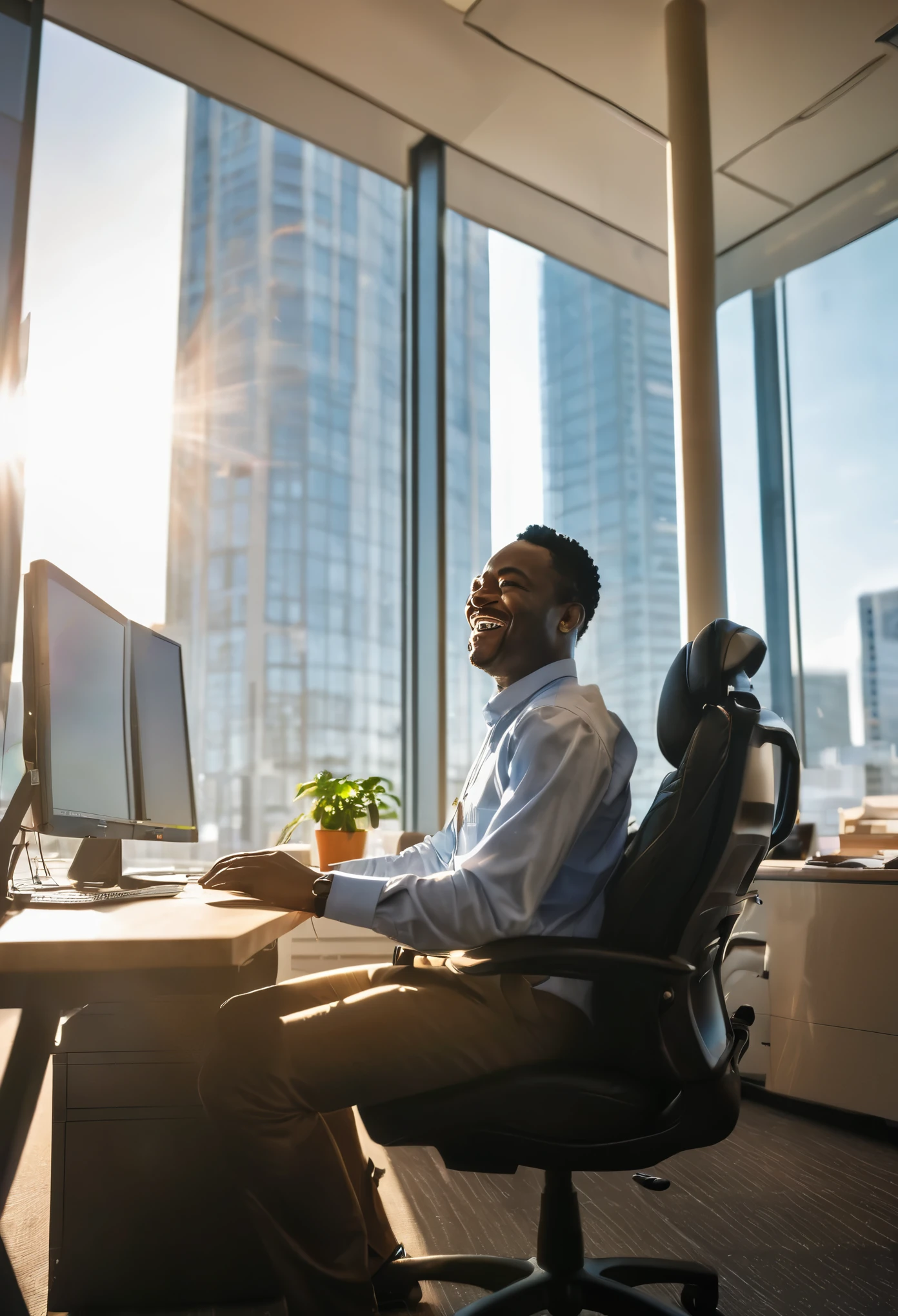 Imagine a scene where a proud African man sits at his spacious desk in a high-rise office building. Sunlight streams through the windows, casting a warm glow over the room. With a wide smile on his face, he leans back in his chair, his hands clasped behind his head in contentment. His desk is meticulously organized, a testament to his hard work and dedication throughout the week. As he looks at his computer screen, a sense of accomplishment fills him, knowing that he has completed all his tasks for the week. With the weekend just around the corner, he feels a surge of excitement and anticipation. He shuts down his computer, gathers his belongings, and stands up, ready to embark on a well-deserved weekend of relaxation and enjoyment.