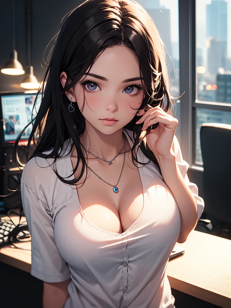 best quality, masterpiece, High resolution, a girl, office clothing, necklace, jewelry, pretty face, big breasts, more than_Body, Tyndall effect, lifelike, dark studio, edge lighting, two-tone lighting, (HD skin: 1.2), 8K Ultra HD, SLR camera, soft light, high quality, Volumetric lighting, frank, photography, High resolution, 4K, 8K, Bokeh,