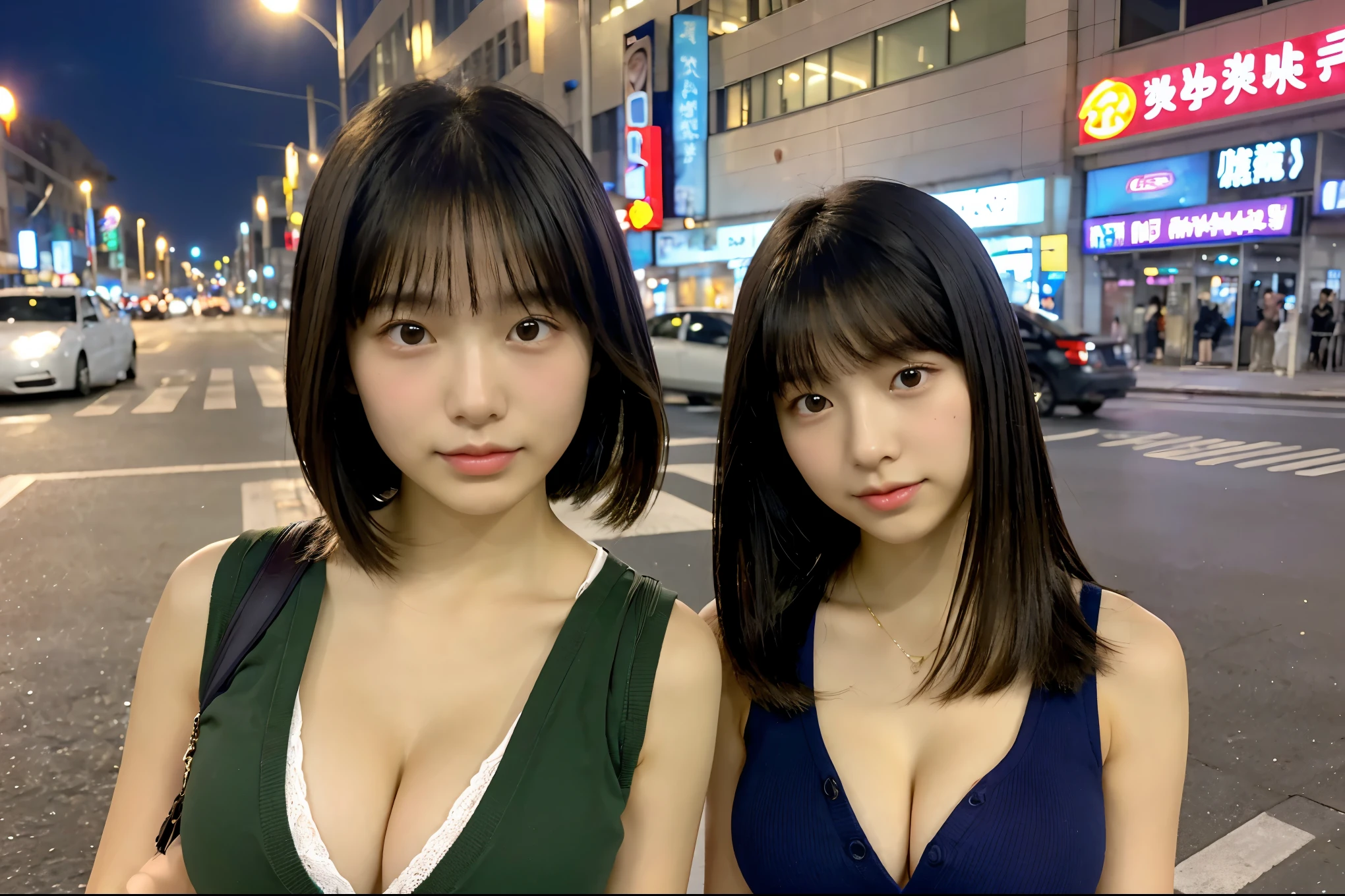 Super detailed　super high quality　super high quality　surreal　photograph　3 Japanese girls　Each girl has a different hairstyle randomly　　Fair skin　　((half-open lips:1.3))　beautiful and soft skin　((Beautifully styled straight short hair))  beautiful and perfect body　surprisingly very cute　A beautiful and transparent young man々new skin　16 years oldl girl wearing a sleeveless shirt) big breasts　whole body　nightの都会　everyday city　busy city　　((night))　viewer&#39;perspective　　Front view　　(big breasts:1.3)   (cleavage)　(amazingly cute girl:1.3)　　(whole bodyポートレート)　