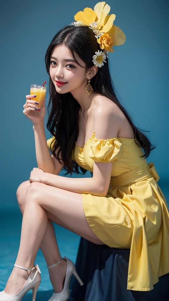 1girl, food, high_heels, long_hair, hair_flower, hair_ornament, solo, flower, yellow_dress, black_hair, puffy_sleeves, dress, drinking_glass, sitting, looking_at_viewer, bird, short_sleeves, yellow_footwear, cup, holding, bare_legs, fruit, puffy_short_sleeves, smile, candy_apple, jewelry, full_body, parted_lips, arm_support, earrings, lips, blue_background, crossed_legs, simple_background, legs, breasts, white_flower, sash, yellow_skirt, holding_food, red_lips