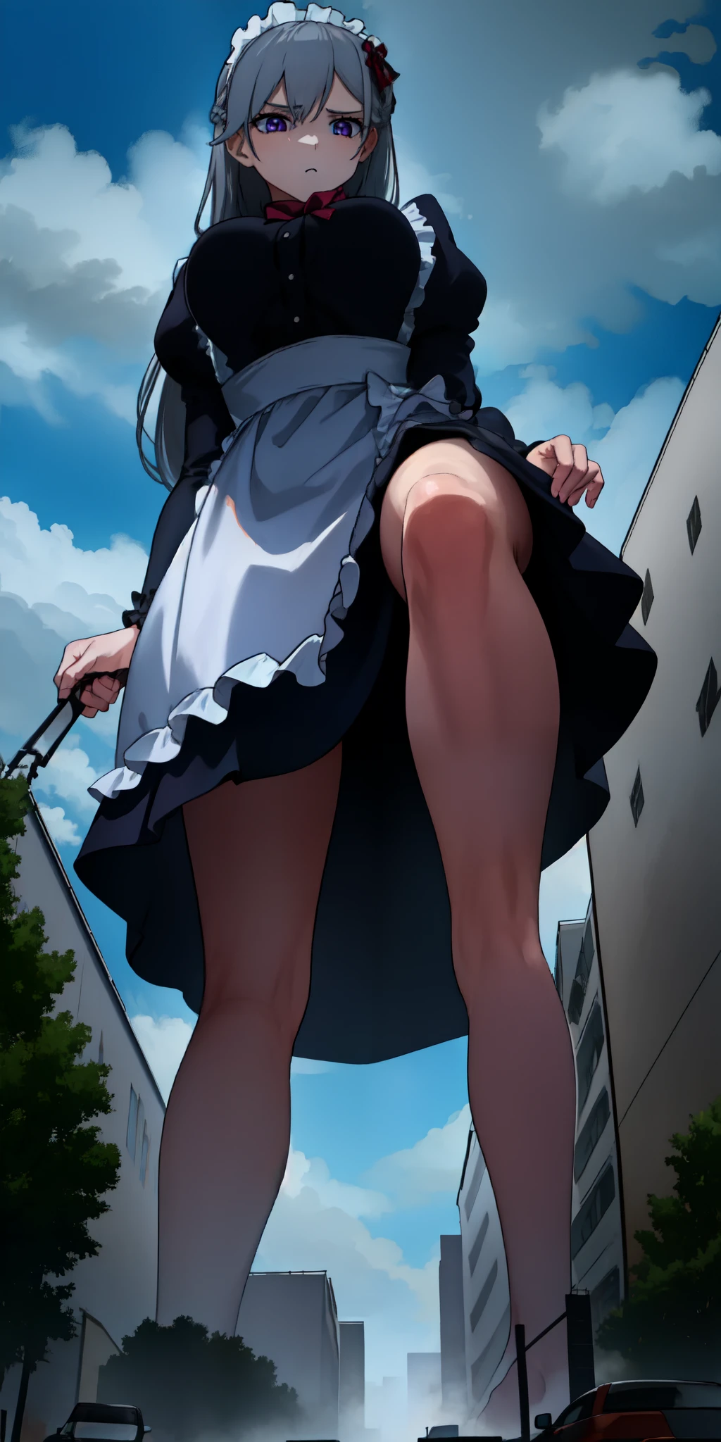 A towering giantess with a cool, relaxed hippie style.、1 girl,gray hair,purple eyes,maid,long hair,Drooping eyes. Her toned and athletic physique、suggests her mighty power。. It seems like you are casually strolling through the lively streets of GTS City., With towering buildings towering overhead、. Smoke and clouds swirl around her, Further heightening the sense of epic scale and drama. 照明がdark, dark, and realistic, create a tense and eerie atmosphere. The view is from below, Emphasize the majesty and power of giants.