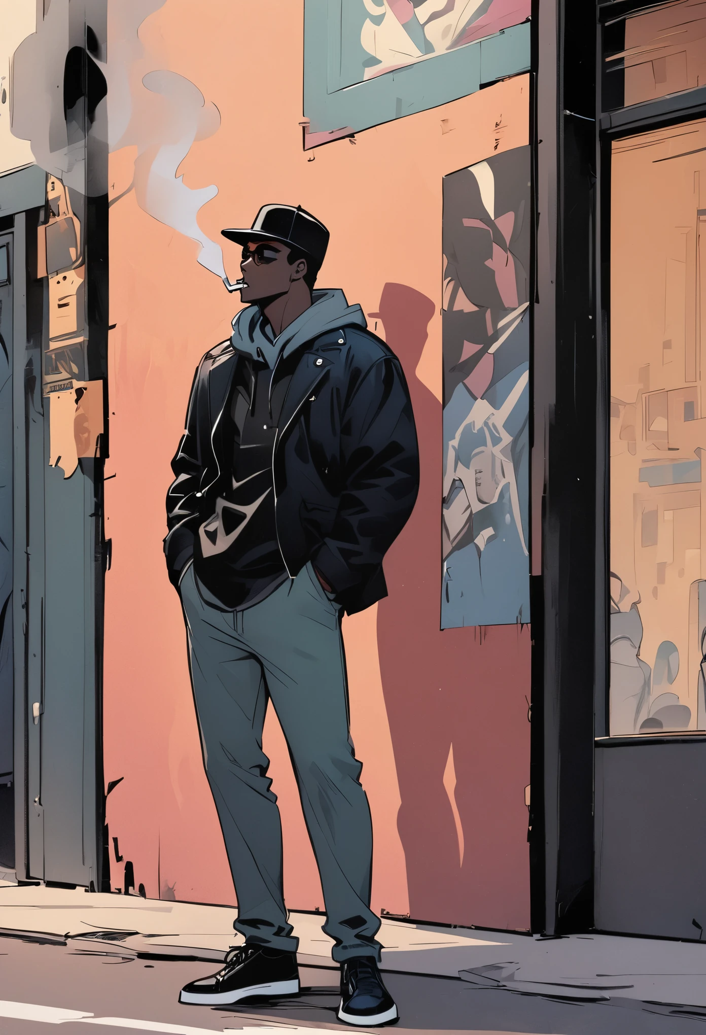 Stylish black man leaning against the wall,Standing on the street in New York smoking,American comics,Semi-thick painting