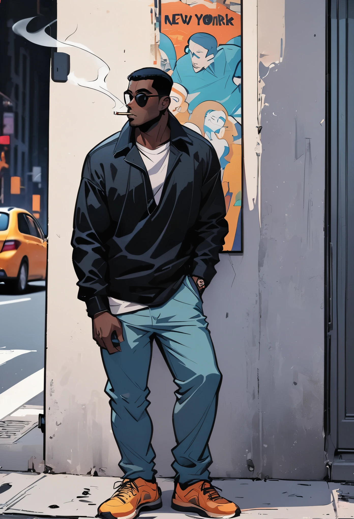 Stylish black man leaning against the wall,Standing on the street in New York smoking,American comics,Semi-thick painting