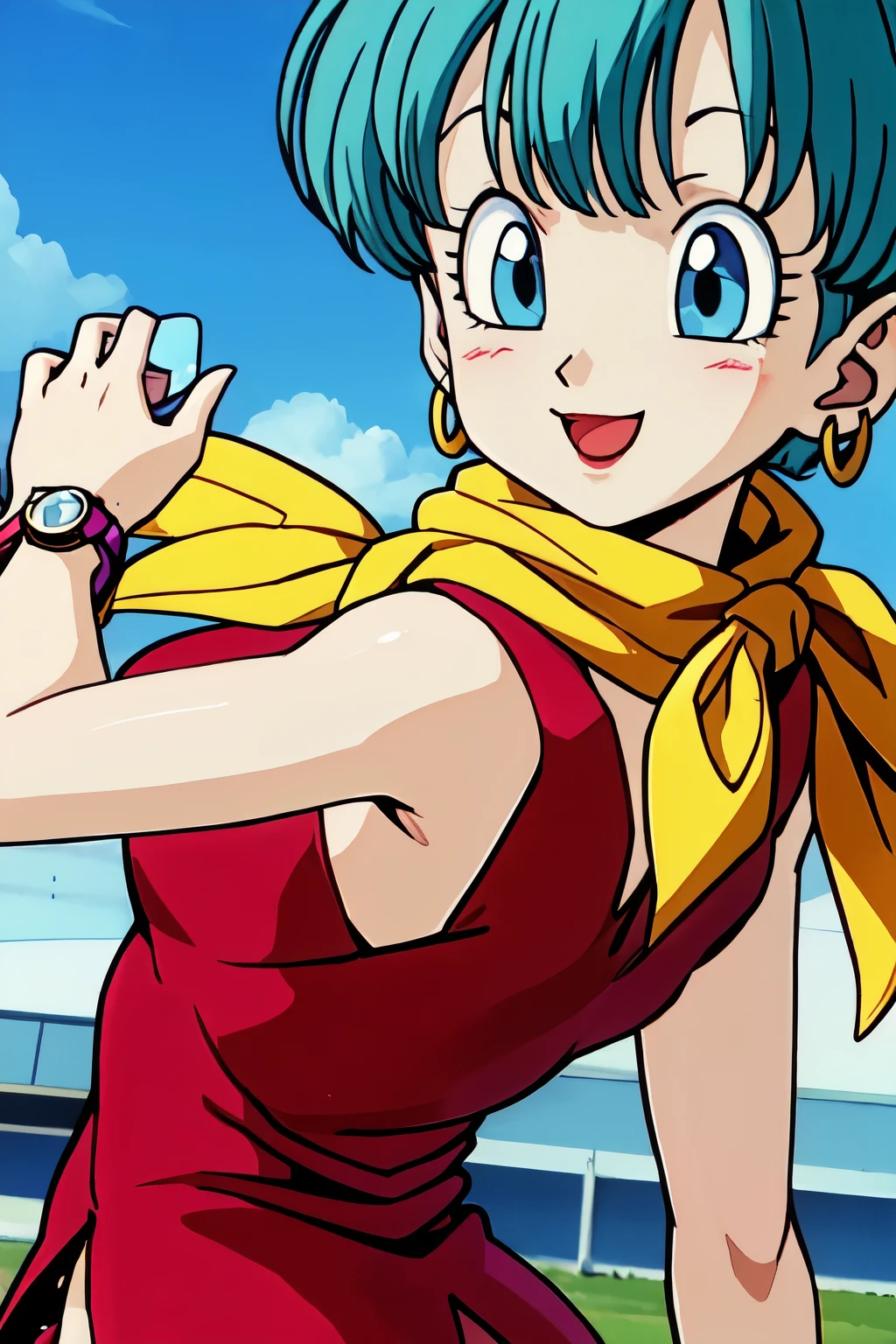 masterpiece, 1080i quality, highest quality, (perfect illumination), (photorealistic), perfect anatomy, perfect face, perfect eyes, 
 bulmadbzreddress, aqua hair, short hair,  blue eyes, earrings, red dress, yellow scarf, black watch, skirt from behind, grinning, blue pubes