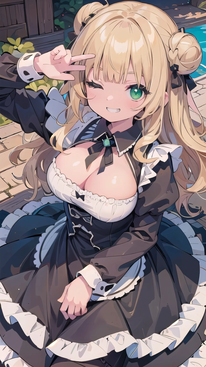 (masterpiece:1.2), (highest quality:1.2), perfect eyes, perfect face, perfect lighting, sunlight, outdoor, desert, 1 girl, blonde, yellow-green eyes, one eye closed, (((wavy hair))), bun_head, blunt bangs, medium hair, ((gothic maid)), cute eyes, closed mouth, ((from above)), ((front), wariza, ((grin)), spoken heart, (big breasts)