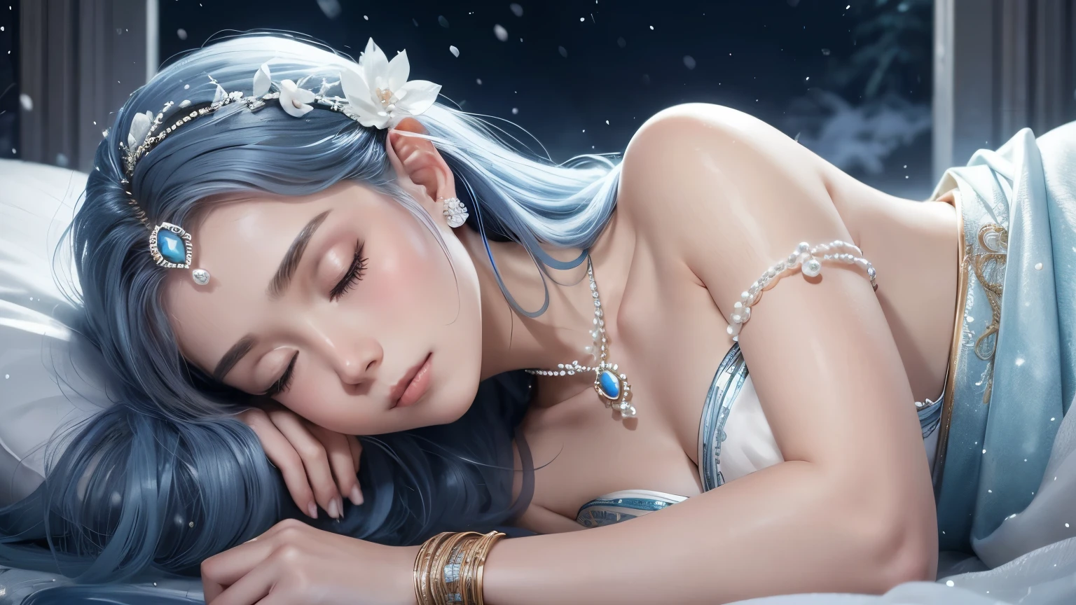 One beautiful fairy with wings、sleep、Are sleeping、eyes are closed、 There&#39;s a fairy in front of me、Upper body、close up face、It&#39;s snowing outside、snow scene at night、High resolution、Mysterious、High resolution、very beautiful young woman,sexy、(Raw photo:1.2), (realistic), beautiful detailed girl, very detailed eyes and face, 緻密でbeautiful eyes, huge file size, High resolution, very detailed, highest quality, [table top:1.6], figure, very detailed, small details, highest quality, 8k wallpaper, movie lighting, 15-year-old pearl goddess, beautiful face, beautiful eyes, gentle smile, Hair flowing like waves, Fair skin, Pale blue robe with pearl motif, Pearl Hair Ornament, pearl necklace, pearl earrings, Pearl Bracelet, Pearl Anklet, Pearl Temple, Garden in shades of white and light blue, Sparkling like a pearl, Statue of the Pearl Goddess