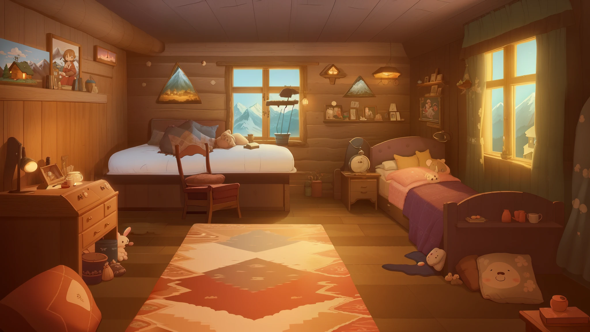 there is a cartoon picture of a bedroom with a bed and a desk., cozy home background, interior background art, Cozy wallpaper, cozy place, cozy room, background art, cozy atmosphere, Cozy living room background, Personal Room Background, Bedroom in RPG Maker style, stylized concept art, Cozy atmosphere, mountain hut interior, inside the cabin, cozy cafe background