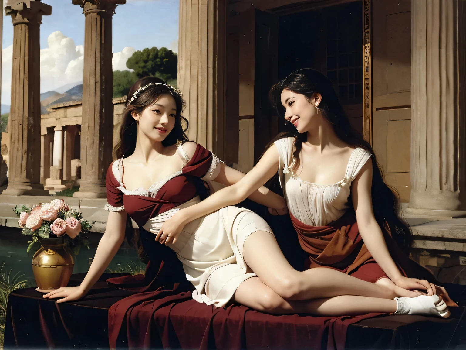 full body portrait or statue、Giorgione painting style,Arguments of two female Philosophe,math、astronomical machine、astronaut、roses in vase、fruits、Cute trinkets、smile、ancient greek costume、Ancient Roman landscape in the style of Nicolas Poussin,laughter,,Sweet and seductive appearance.、Caravaggio's paintings、Chiaroscuro of Caravaggio、hair tousled by the wind,Two women frolicking,cute smile, expression of ecstasy,Sexy,erotic
