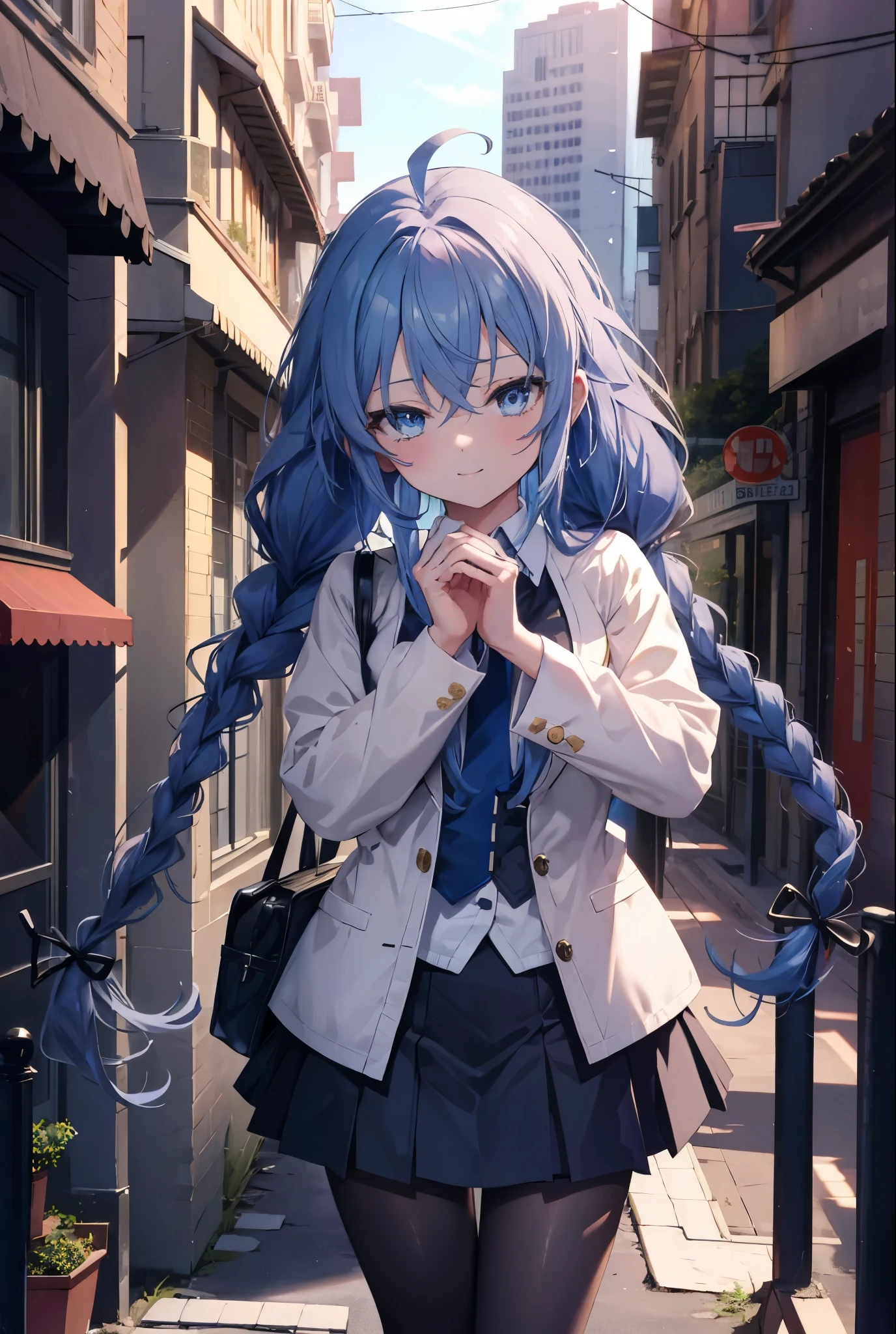 (masterpiece,intricate details),1 girl,mature woman,light _face, BREAK Roxymigurdia, Roxy, Ahoge, black ribbon, blue eyes, blue hair, Braid, hair between eyes, hair ribbon, long hair, twin Braids, very long hair,happy smile, smile, open your mouth, Destroy White Y-Shirt,Blue Blazer,Blue pleated skirt,Gray pantyhose,White Loafers,
壊す looking at viewer,
break outdoors, In town,Destroy a city of buildings (masterpiece:1.2), highest quality, High resolution, unity 8k wallpaper, (figure:0.8), (detailed and beautiful eyes:1.6), 非常に詳細なface, perfect lighting, Very detailed CG, (perfect hands, perfect anatomy),