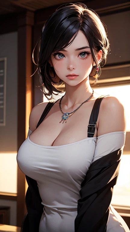 best quality, masterpiece, High resolution, a girl, teacher, necklace, jewelry, pretty face, big breasts, more than_Body, Tyndall effect, lifelike, dark studio, edge lighting, two-tone lighting, (HD skin: 1.2), 8K Ultra HD, SLR camera, soft light, high quality, Volumetric lighting, frank, photography, High resolution, 4K, 8K, Bokeh,