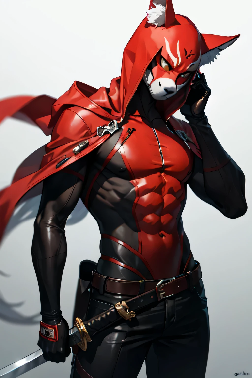 ((best quality)), A guy in a ripped red hood and 
wearing a white fox mask and has a grey brown shirt for swordfights