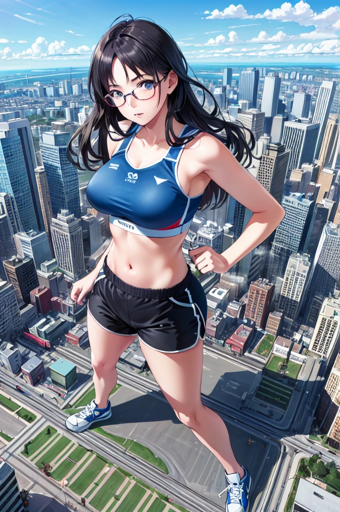 (realistic photo:1.5), (ultra-realistic:1.5), (masterpiece:1.0), (best quality:1.3), Ultra Detailed, sharp focus, full color, (Depth-of-field:1.0), (super fine-illustration:1.0), (Blue sky, white clouds:1.0), from side, (from above:1.2), (full body shot:1.2),
(1girl, solo:1.3), (college age:1.0), (seductive anime girl), slim body, huge round upturned breasts, detailed beautiful face and eyes, realistic and intricate perfect beauty face, detailed skin texture, casual clothes, shorts, navel, ((glasses)),
(gts, giantess:0.1), (Athletic pose:1.0), arched back, city