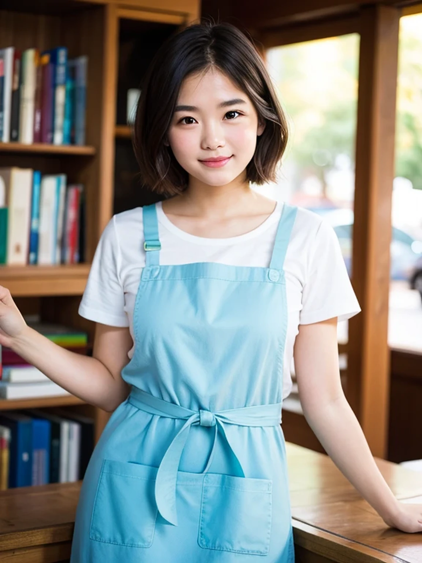 masterpiece, Best Quality, Raw photo, 8K, ultra-detailed face, 1girl, Beautiful detailed skin, backlight, soft light, bashful, (shoot from front:1.2), smile, Luminescent, Anatomically correct, short hair, Eyes and faces with detailed, Textured skin, Professional Photography, Bokeh, Portrait, Professional Lighting, Solo, Cute, Girly, Film grain, apron, book shop
