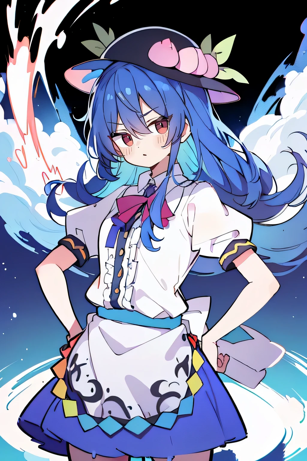(masterpiece),best quality, expressive eyes, perfect face, 1girl,
hands on waist,beautiful, gorgeous,anime,girl,lora,hinanawi tenshi, blue hair, blue haired, floating clothes,waist grab, grabbing waist, mains sur les hanches , hands on hips,flat chest