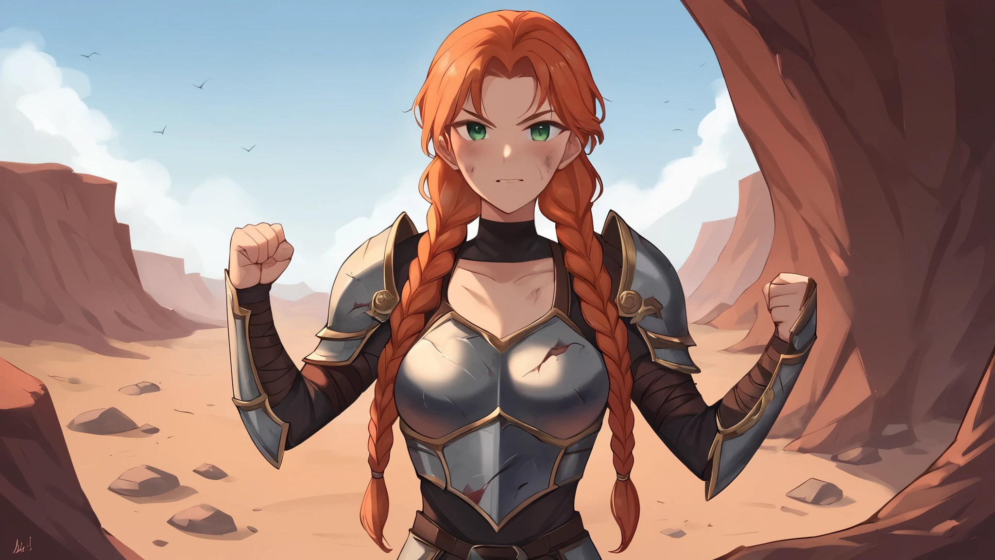 check_9, check_8_up, check_7_up, check_6_up, check_5_up, check_4_up,((1 girl) ), on open air,beautiful feminine fmgura,(sexy elegant ninja armor)),(dirty armor),((chest-fitting armor)),( armor in blood) , One, green eyes, desert red canyon, orange hair with long braids, I look at the viewer, wild hair,( cracked armor,Ragged Armor),breastplate, upper body, day, sky, (laughs a lot) , blush,((all body:1.3)), ((extend your hand and fist at the viewer:1.3))