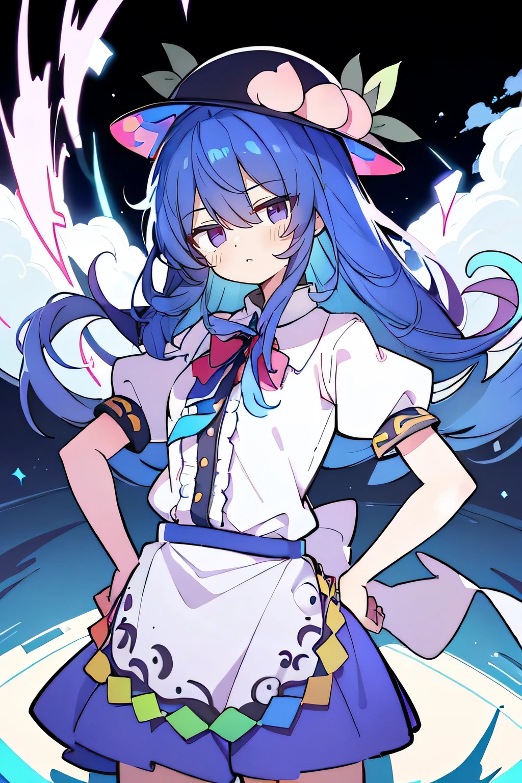 (masterpiece),best quality, expressive eyes, perfect face, 1girl,
hands on waist,beautiful, gorgeous,anime,girl,lora,hinanawi tenshi, blue hair, blue haired, floating clothes,waist grab, grabbing waist, mains sur les hanches , hands on hips,flat chest