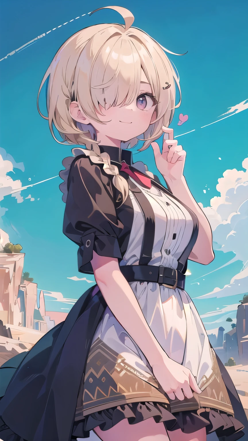 (masterpiece:1.2), (highest quality:1.2), perfect eyes, perfect face, perfect lighting, sunlight, outdoor, desert, 1 boy,blonde red eye, ((((((hair over one eye)))))), Braid Styles, spiked hair, blunt bangs, bob hair, single braid, a braid, Ahoge, cute eyes, ruffle dress, cute eyes, closed mouth, ((from below)), From the side, ((smile)), spoken heart, big breasts, wariza
