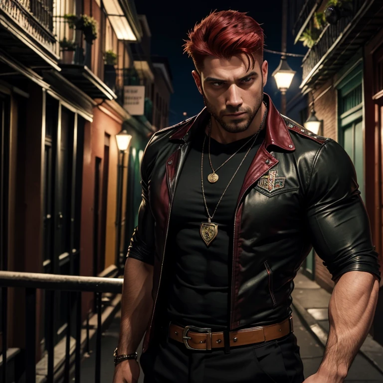 30-year-old man, muscular build, black shirt, cherry jacket, black pants, green eyes, red hair, Latin skin, belt with Trisquel emblem, Trisquel necklace, looking straight at the viewer in a background of New Orleans at night