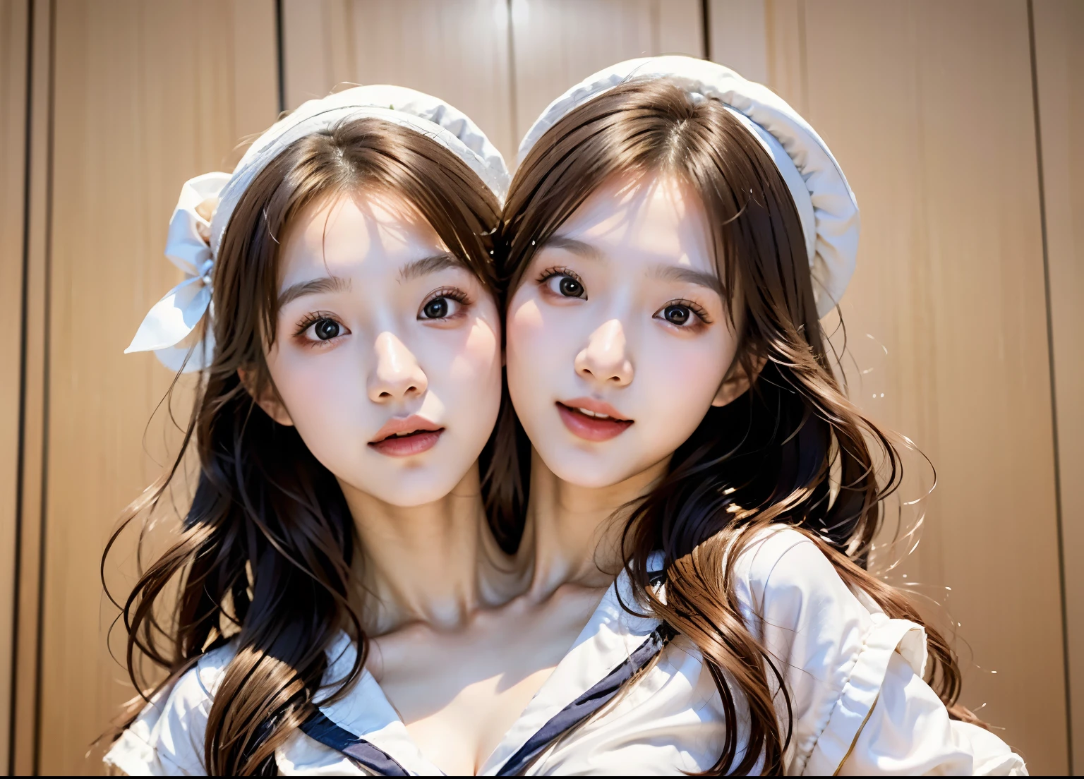 bestresolution, (2heads:1.2), heads positioned equally next to each other, heads same size, two women in sailor outfits posing for a picture, shipgirls, nixeu and sakimichan, in girls generation, female sailor uniforms, ulzzang, loose coat collar sailor uniform, sailor uniform, sakimichan, twice, korean idol, taejune kim, sailor clothing, sun yunjoo, beautiful gemini twins, beautiful gemini twins portrait