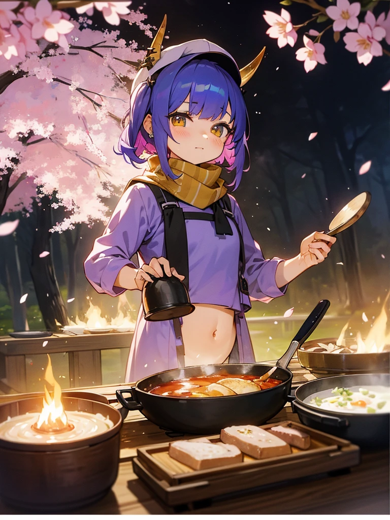 campしている女の子、Inner color mesh purple、two tone hairstyle、Scarf、golden eyes、horn、My eyes are sparkling、ear piercing、bellflower flower、belly button、ingredients、cooking、camper、Spring Cap、camp、Cherry Blossom、nature、bonfire、camp飯、camp道具、sunny、frying pan、pot、toast、、river、wood
