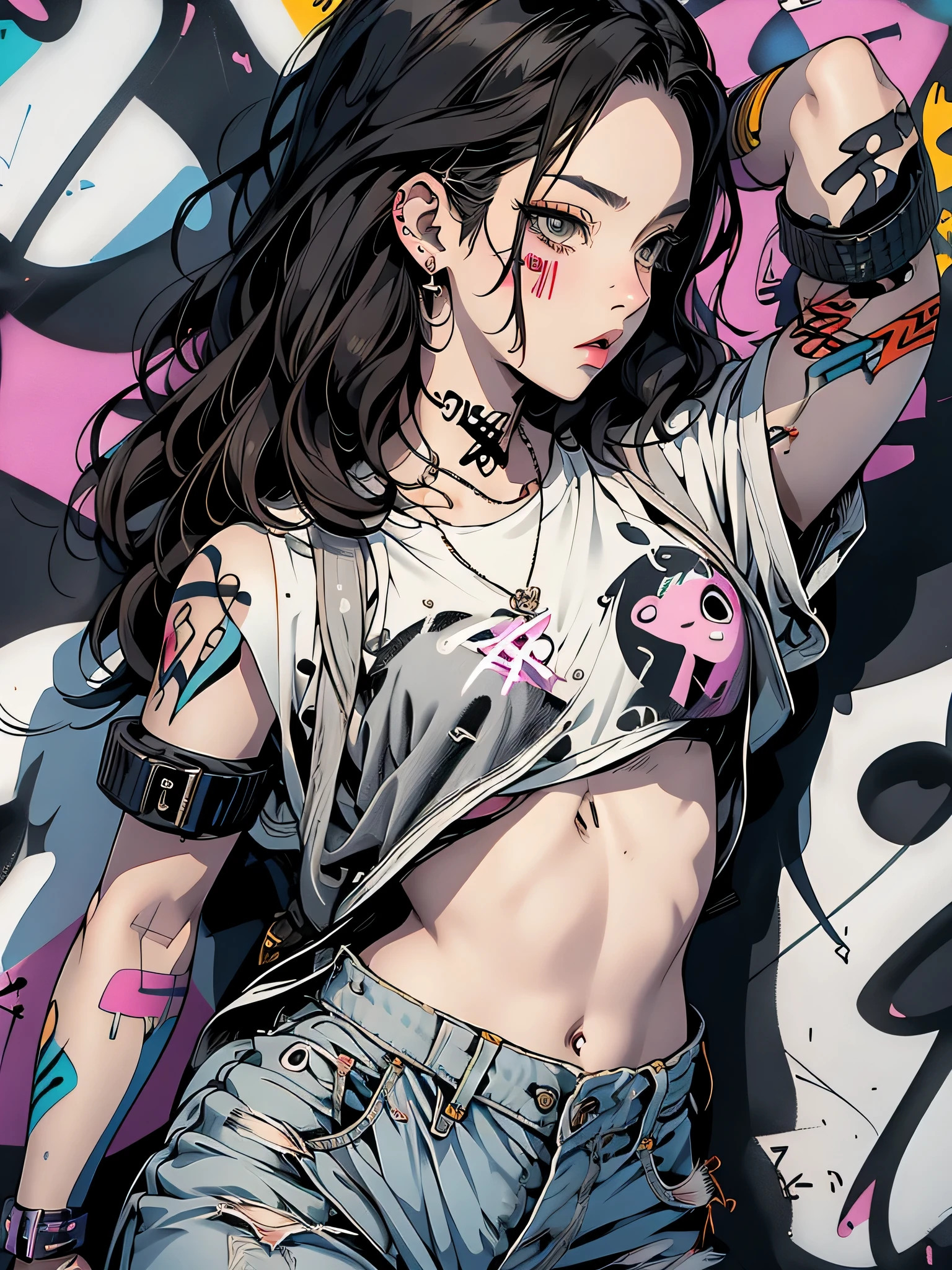 Machiko Satonaka style、masterpiece, highest quality, pixiv, one cool girl, The Strongest Pirate Girl, small breasts、Completely naked、Lips in Love, dark brown hair, bob hair, gray eyes, white skin, gal, provocative、(((graffiti art))), Improve