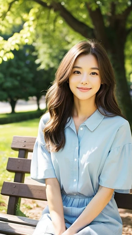 Sitting on a quiet park bench、Young woman with natural beauty。She has long brown hair、Characterized by kind eyes and a gentle smile。The clothes she wears are simple and elegant、Gives a casual yet sophisticated look。Trees around々is overgrown with々and flowers々There is、The soft spring sunlight gently illuminates her face..。her posture is relaxed、Natural and beautiful