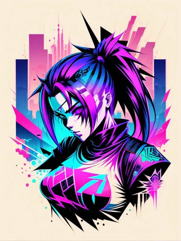 Ready to print vector t-shirt art colorful graffiti illustration of a cyberpunk ninja robotic woman, fundo futurista da cidade cyberpunk, estilo de imagem realista, imagem em fundo branco, centrado