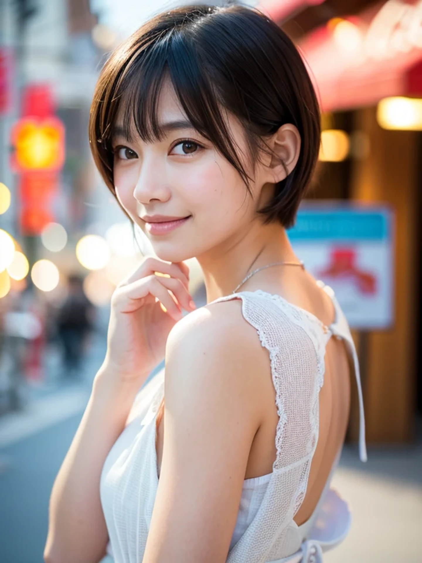 masterpiece, Best Quality, Raw photo, 8K, ultra-detailed face, 1girl, Beautiful detailed skin, backlight, soft light, bashful, (shoot from front:1.2), smile, Luminescent, Anatomically correct, short hair, Eyes and faces with detailed, Textured skin, Professional Photography, Bokeh, Portrait, Professional Lighting, Solo, Cute, Girly, Film grain, apron, book shop