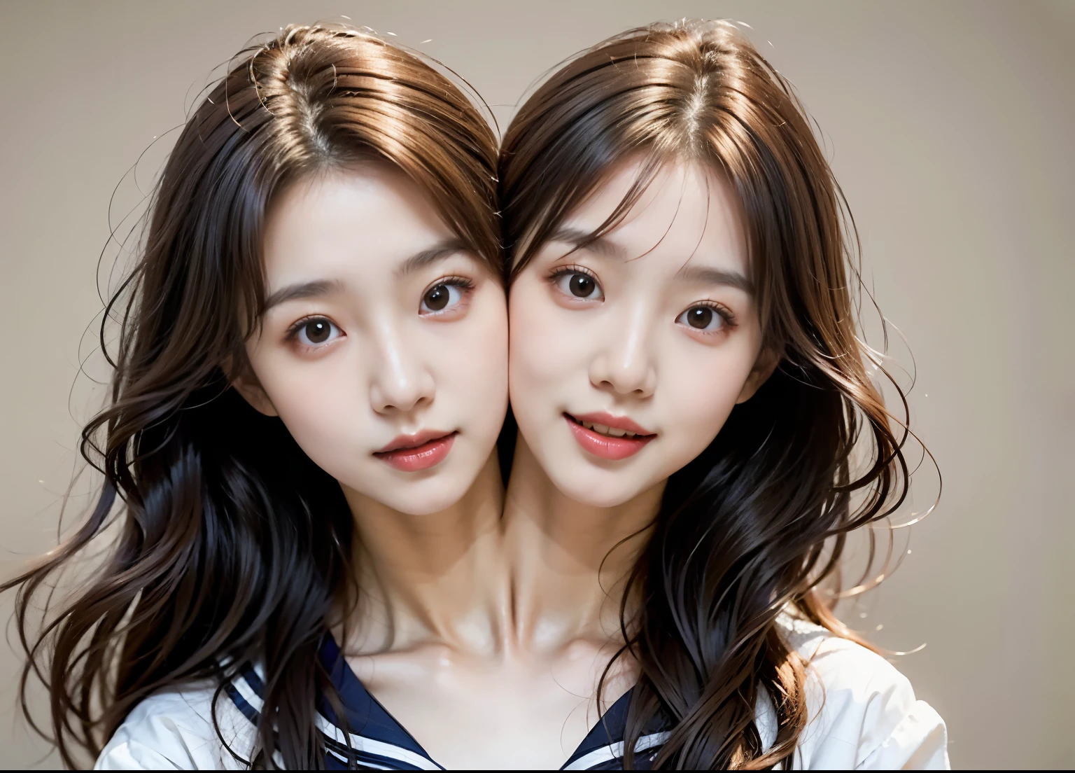 bestresolution, (2heads:1.2), heads positioned equally next to each other, heads same size, two korean teenage girls in sailor outfits posing for a picture, shipgirls, nixeu and sakimichan, in girls generation, female sailor uniforms, ulzzang, loose coat collar sailor uniform, sailor uniform, sakimichan, twice, korean idol, taejune kim, sailor clothing, sun yunjoo, beautiful gemini twins, beautiful gemini twins portrait