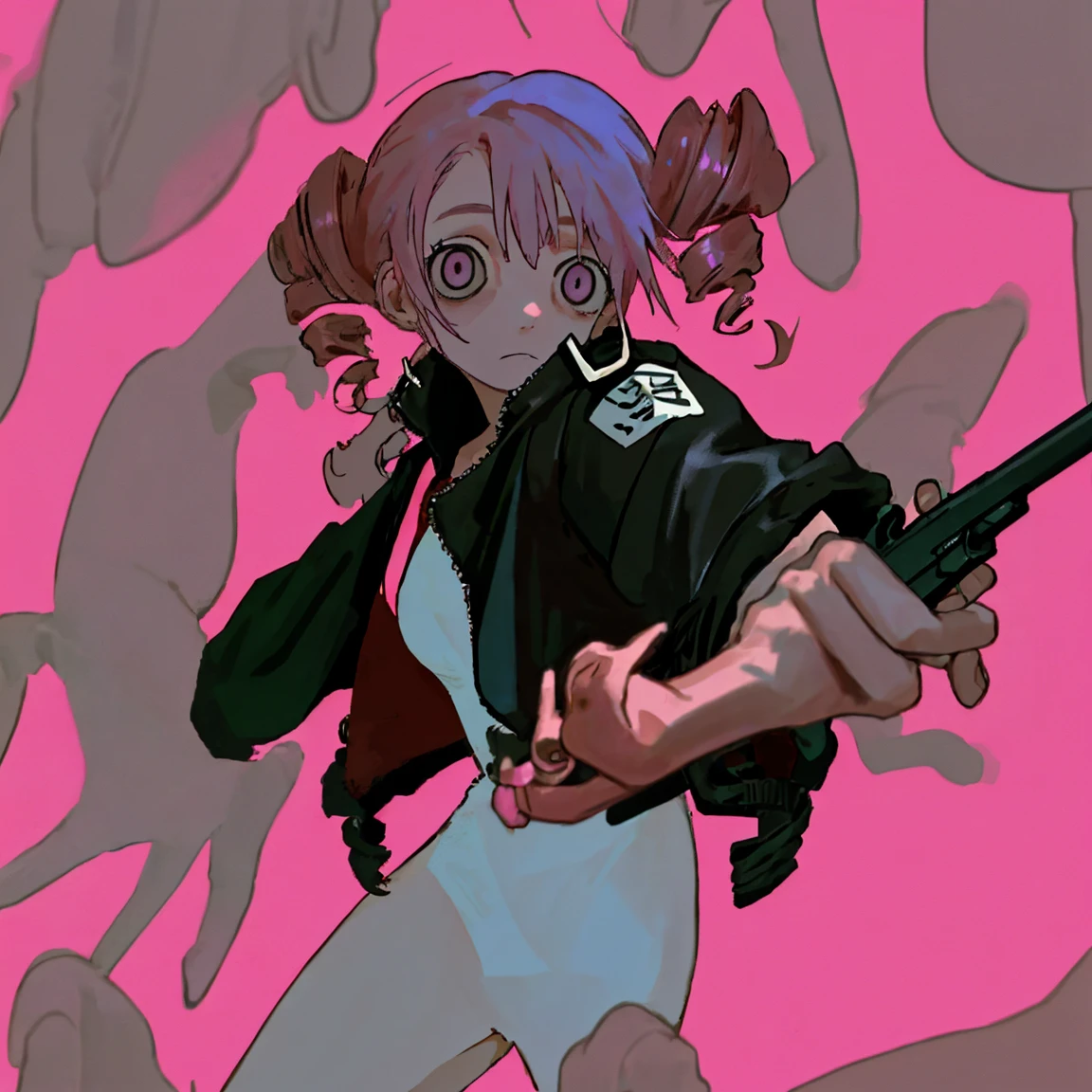 1 girl, alone,Pink hair, drill hair, colored eyes, jewelry, gun black jacket, close shot 