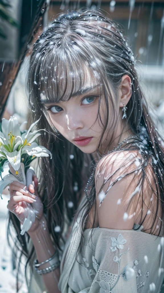 (RAW shooting, Photoreal:1.5, 8K, highest quality, masterpiece, ultra high resolution), ((((heavy snow, Blizzard)))), Highly detailed skin and facial textures:1.3, perfect dynamic composition:1.2, (In front of a shrine at night in a modern city, expression of sadness:0.9, Tears are flowing:0.9, cry with a broken heart:0.9), Slim office lady wet in the rain:1.3, cowboy shot, Fair skin:1.2, sexy beauty:1.1, perfect style:1.2, beautiful and aesthetic:1.1, very beautiful face:1.2, water droplets on the skin, (rain drips all over my body:1.2, wet body:1.2, wet hair:1.3), (Professional kimono dressing:1.1, Holding a bouquet of wet lilies:1.2, Wearing a wet silver kimono correctly:1.3), (Medium chest, Bra is transparent, Chest gap),  (Eyes that feel beautiful eros:0.9, Too erotic:0.9, Bewitching:0.9), necklace, earrings, bracelet, wedding ring, Highly detailed hand and finger expressions