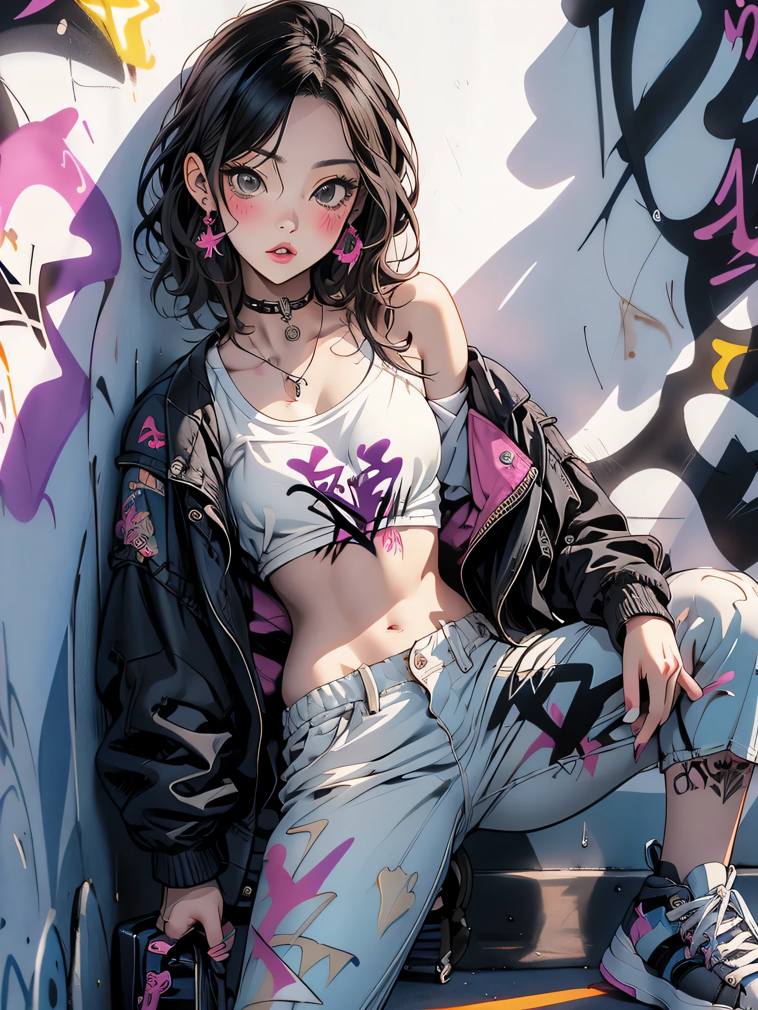Anime girl with black hair and pink hair sitting on a wall - SeaArt AI