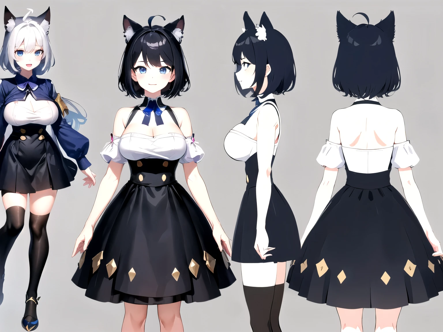 ((upright)), ((arm to the side)), looking at the viewer, simple background、white background, 1 girl, open your mouth, smile, Virtual YouTuber、with a girl、((highest quality, expensive_solve, clear_image)),(black hair), (black cat ears), (Ahoge), (ridiculously short hair), (wavy hair), (blue eyes),、laughter、very big breasts、whole body、I can see the cleavage、Dressed in student uniform、character sheet,character reference sheet, character design sheet, ((View from the front, side view)) symmetrical elements of clothing,